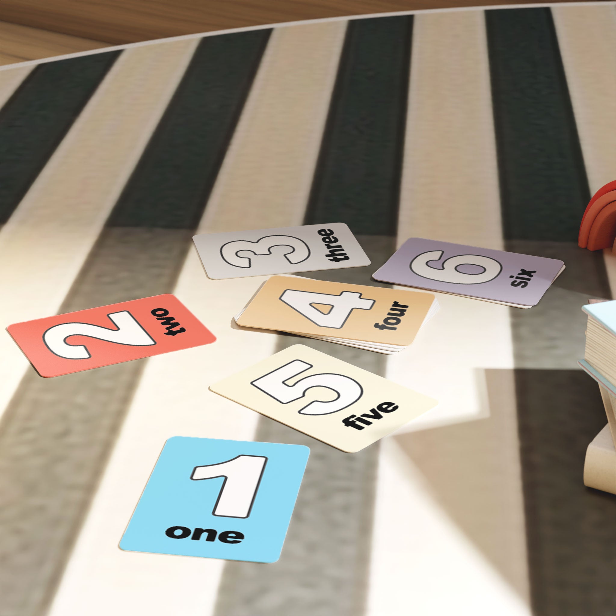 Kids Flash Card Mockup Bundle – 7 PSDs with Toys & Natural Light in Nursery Setting