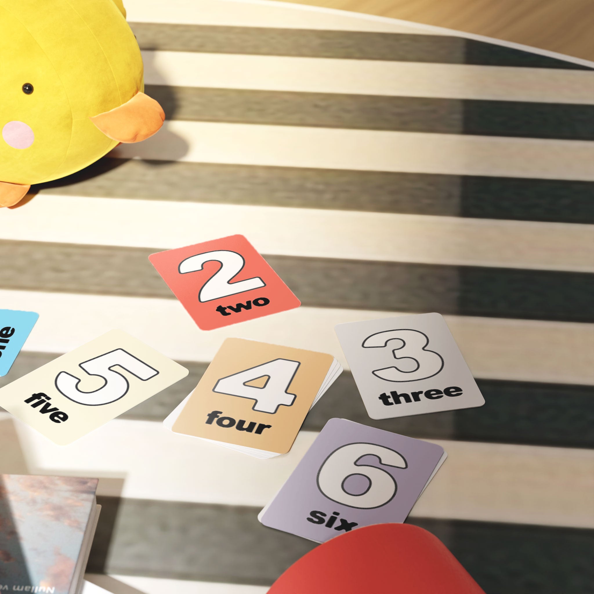 Kids Flash Card Mockup Bundle – 7 PSDs with Toys & Natural Light in Nursery Setting