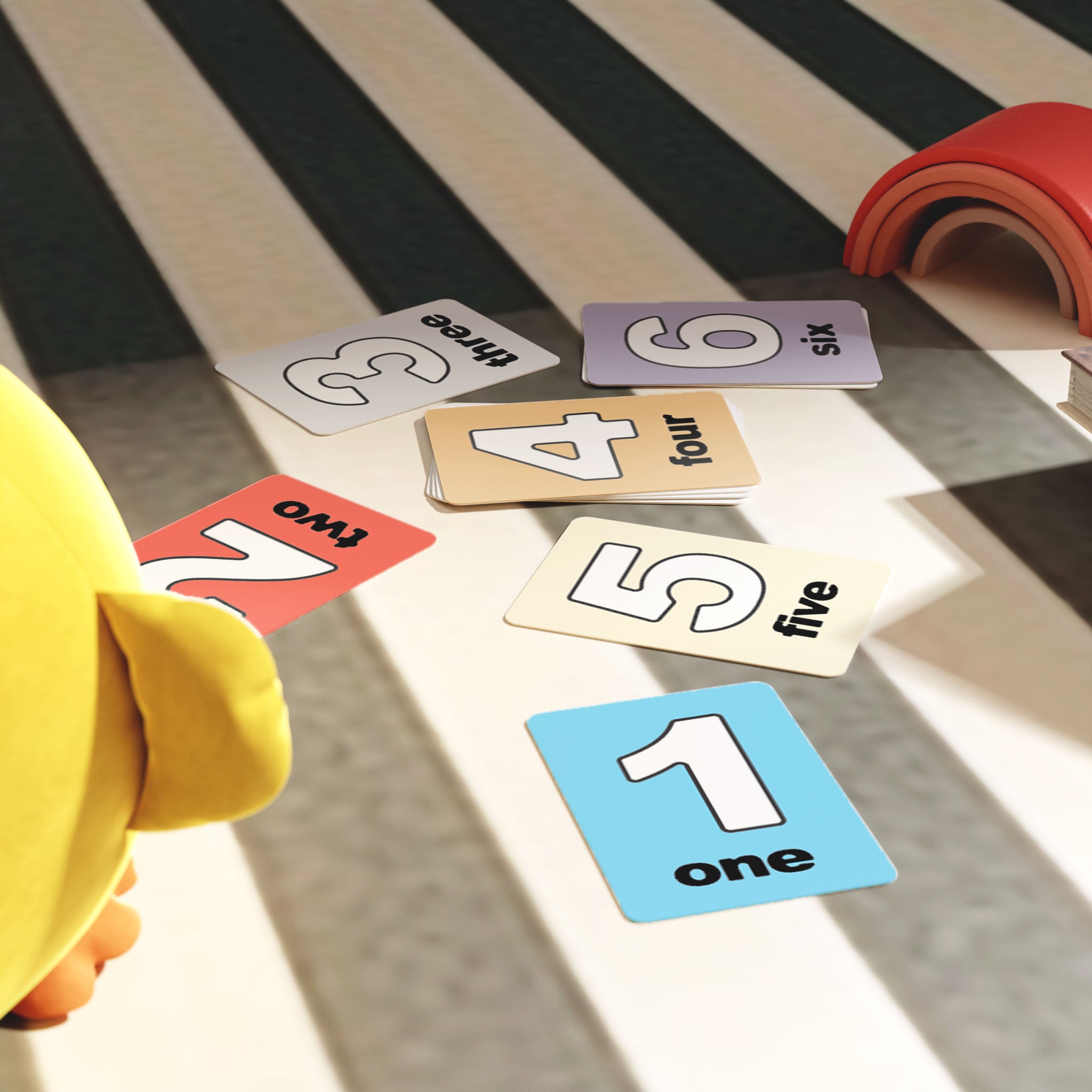 Kids Flash Card Mockup Bundle – 7 PSDs with Toys & Natural Light in Nursery Setting