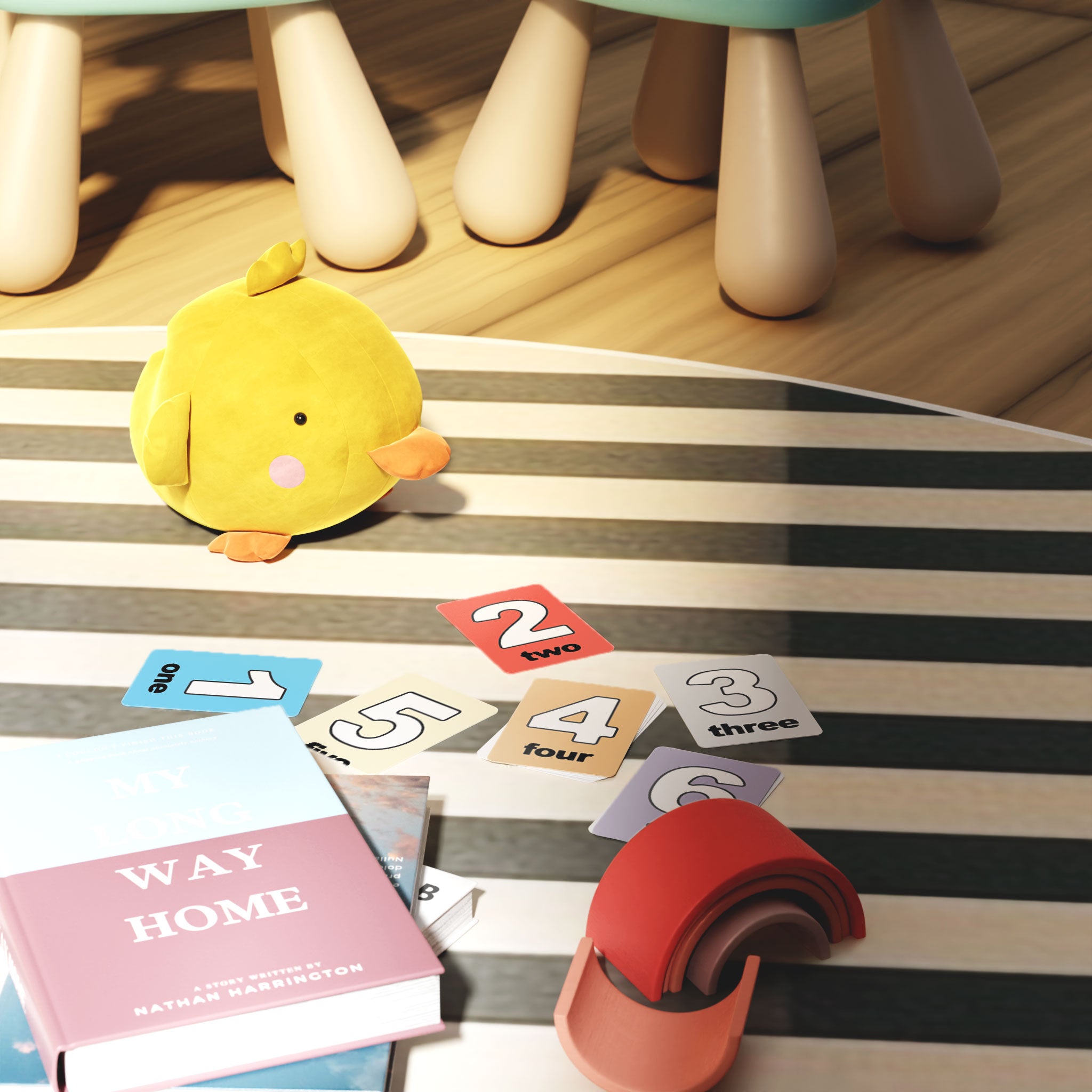 Kids Flash Card Mockup Bundle – 7 PSDs with Toys & Natural Light in Nursery Setting