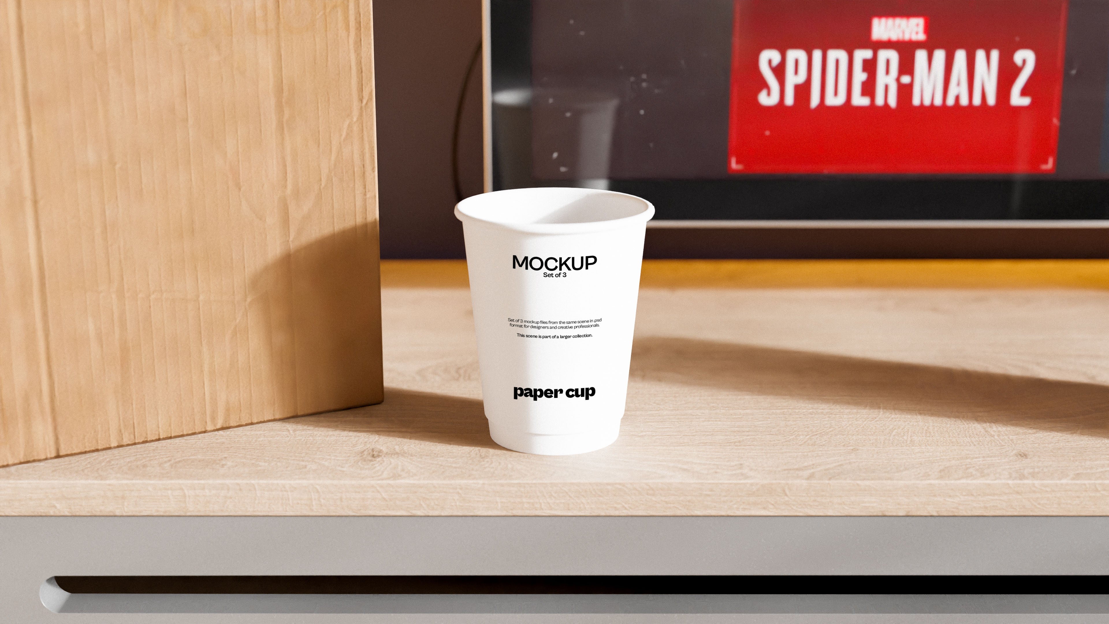 Paper Coffee Cup Mockup Bundle – 3 PSDs on Work Desk