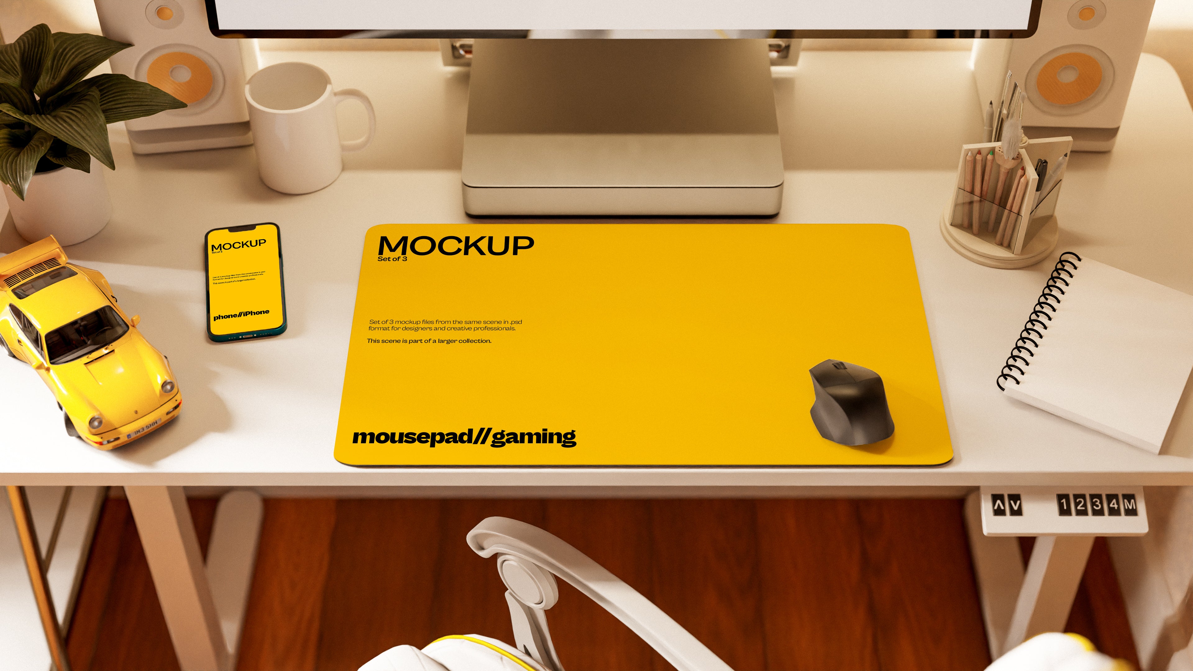 Long Gaming Mousepad Mockup Bundle – 3 PSDs in Futuristic Desk Setup | Surge Collection