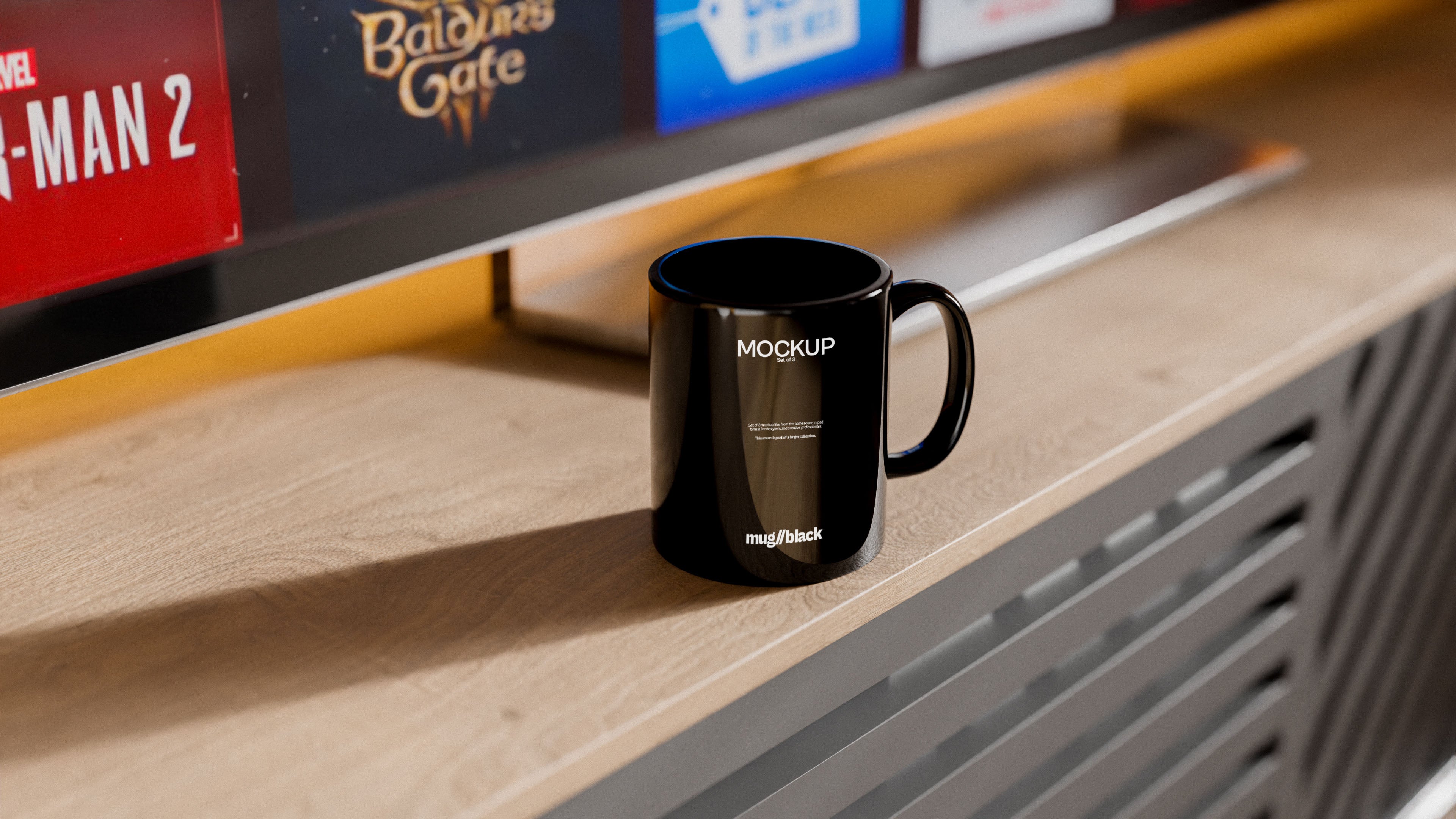 Black Ceramic Mug Mockup Bundle – 3 PSDs in Cozy Living Room