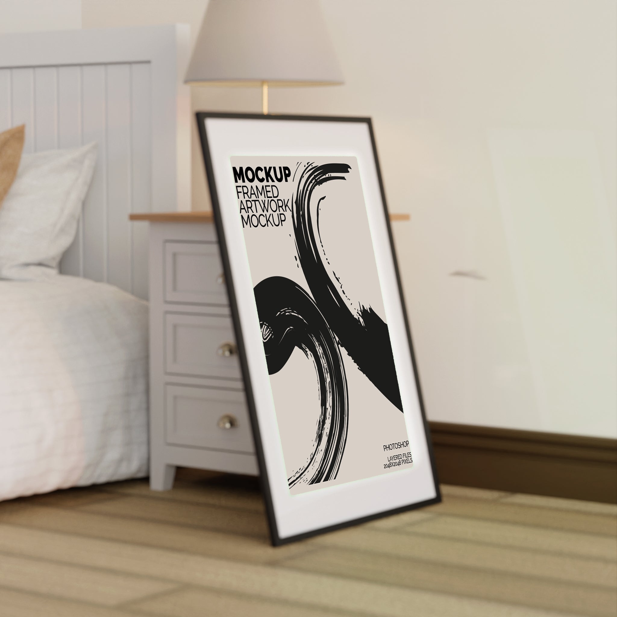 Large Framed Artwork Mockup Bundle – 6 PSDs in Contemporary Bedroom Setting