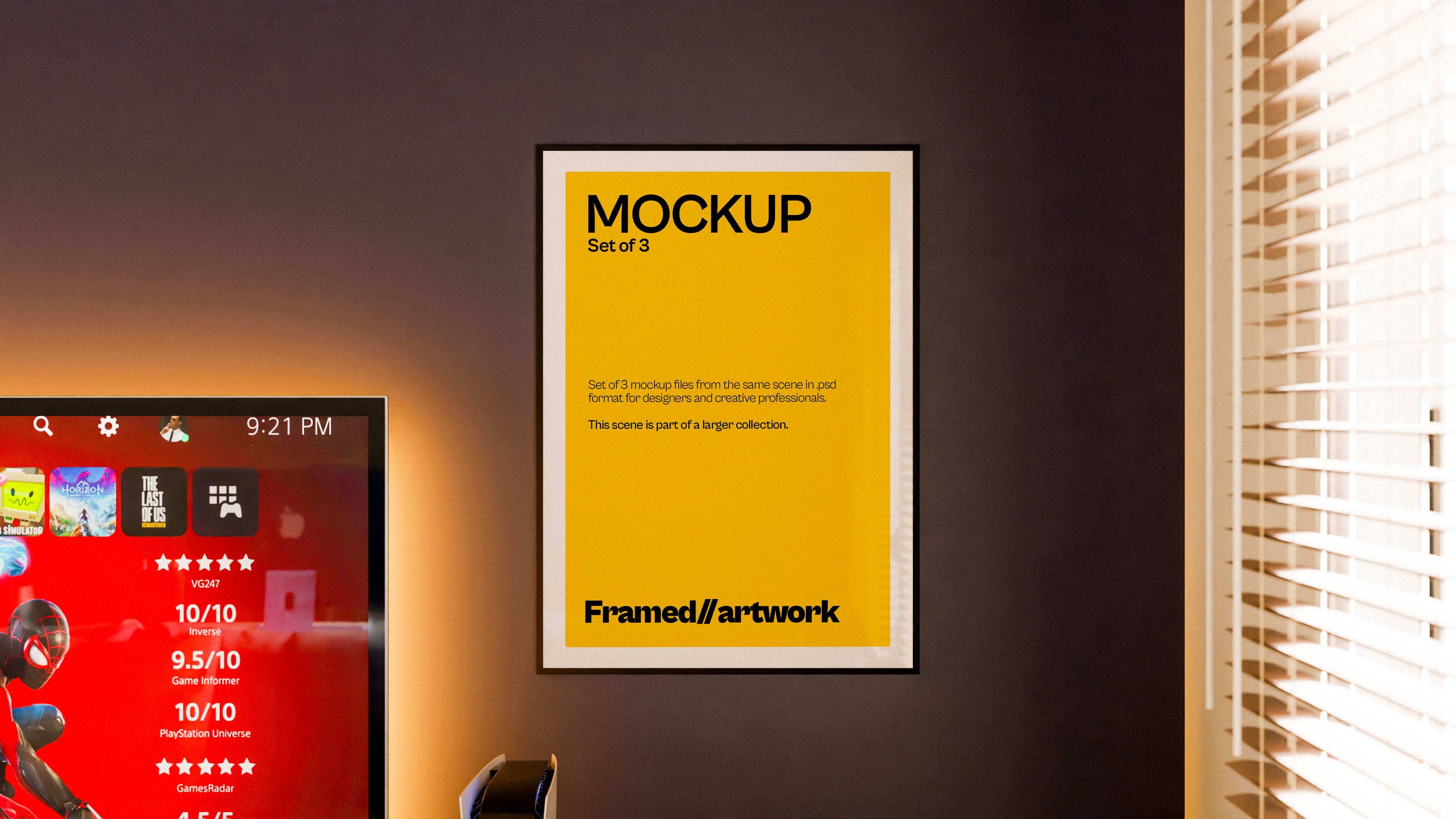 Framed Artwork Mockup Bundle – 3 PSDs Behind the Sofa
