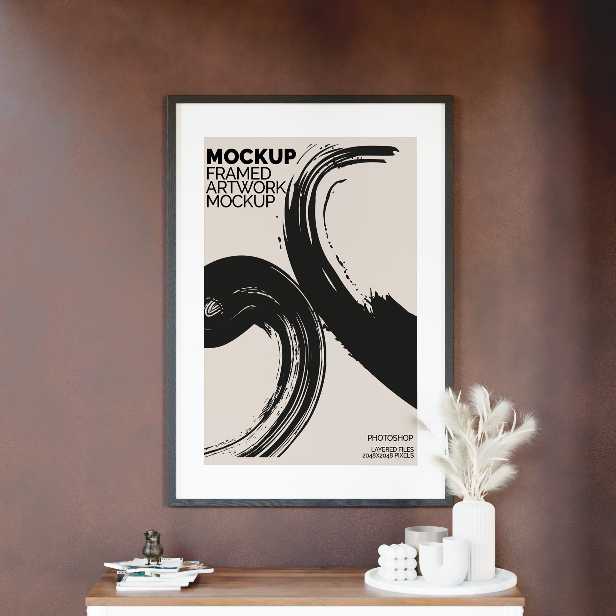 Framed Artwork Mockup Bundle – 6 PSDs with Dark Wall & Luxury Shelf Styling