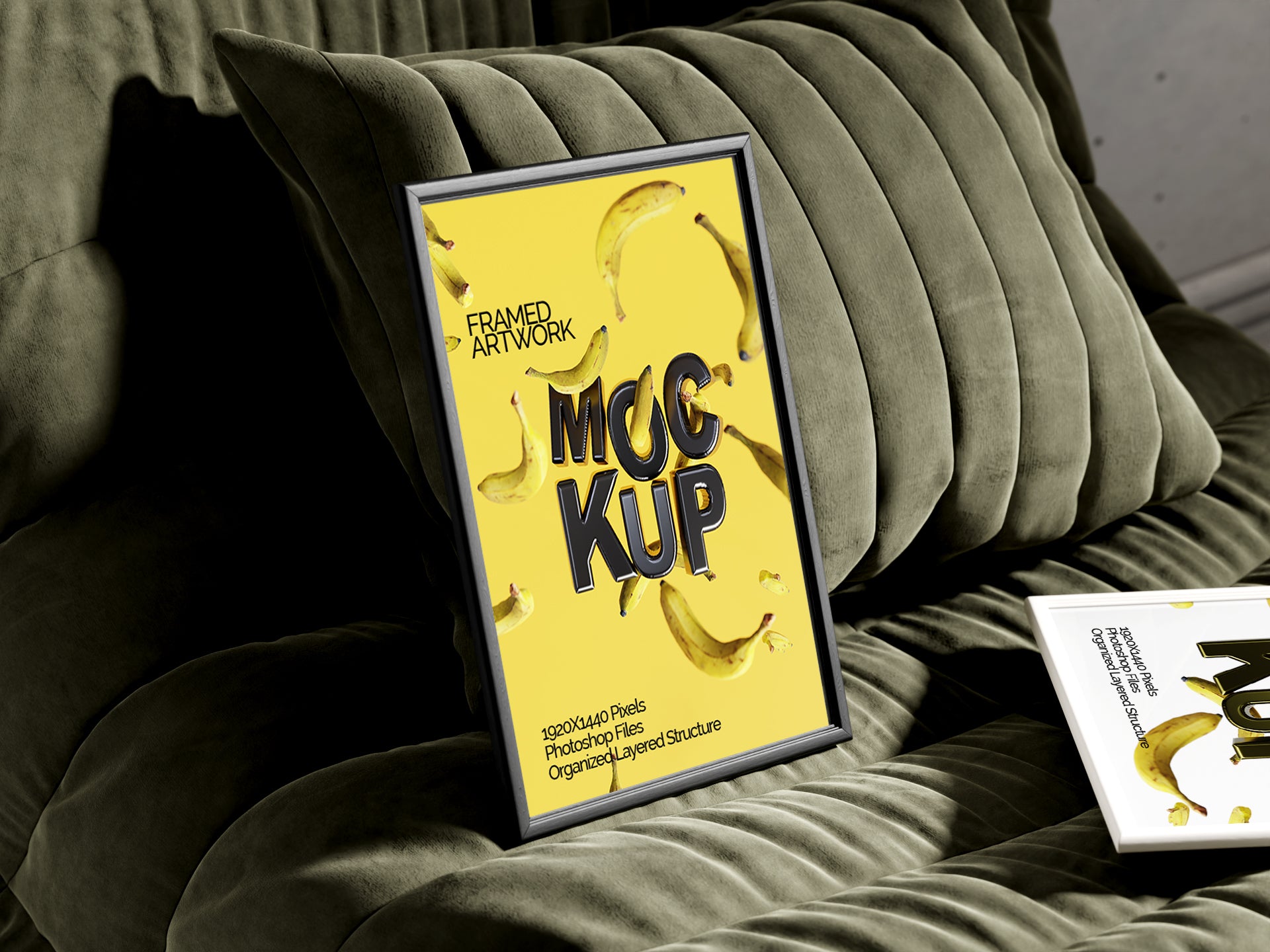 2 Small Framed Artwork Mockup Bundle – 7 PSDs with Frames on Sofa | Crest Collection