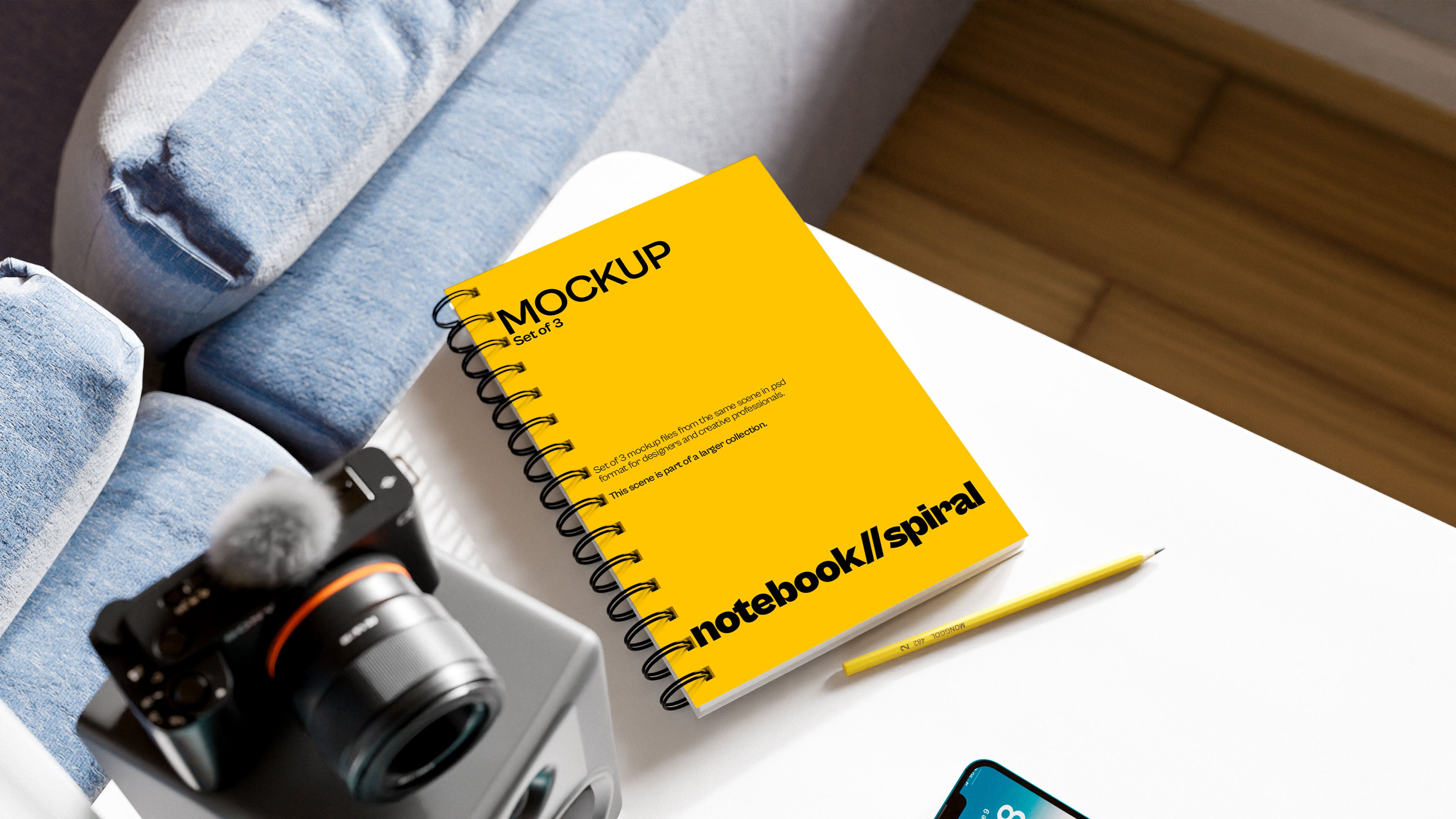 Spiral Notebook Mockup Bundle – 3 PSDs in Relaxed Living Room