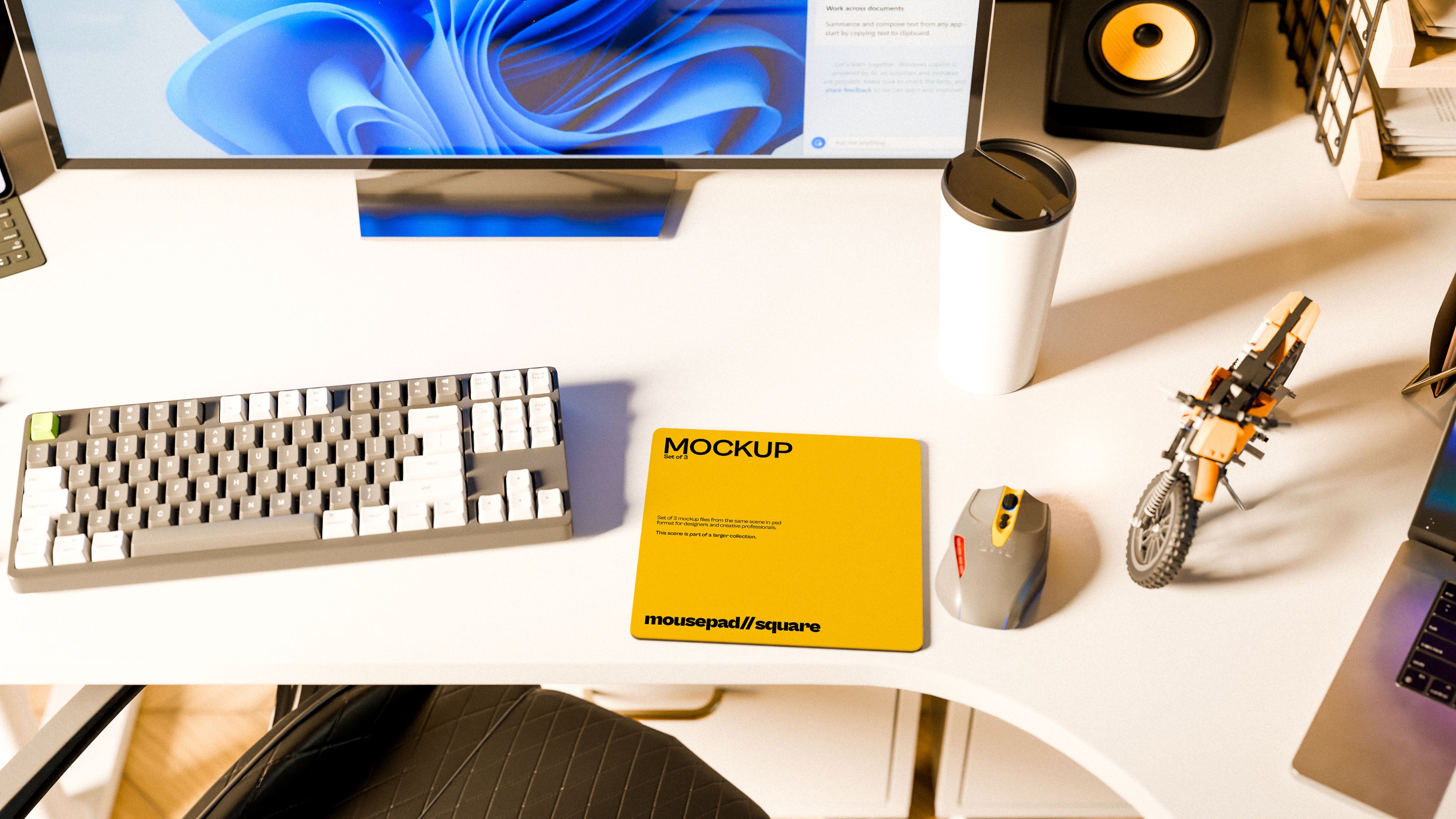 Square Mousepad Mockup Bundle – 3 PSDs in Coastal Workspace | Waves and Wheels Collection