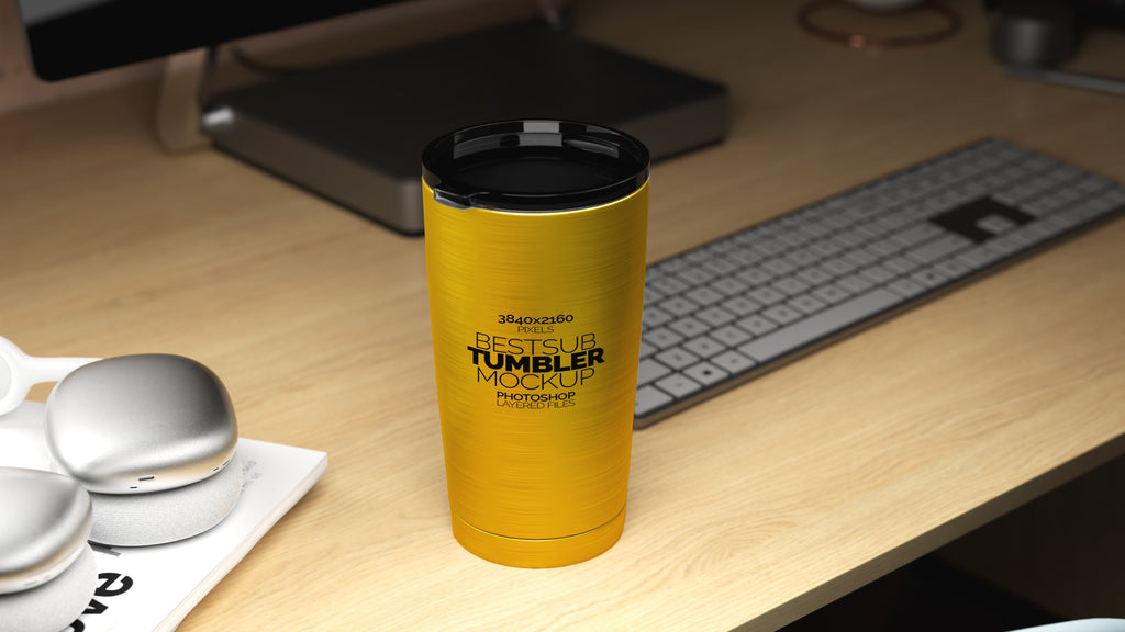 Straight Shaped Silver Sublimation Tumbler Mockup Bundle – 5 PSDs in Moody Desk Scene Kindle Collection
