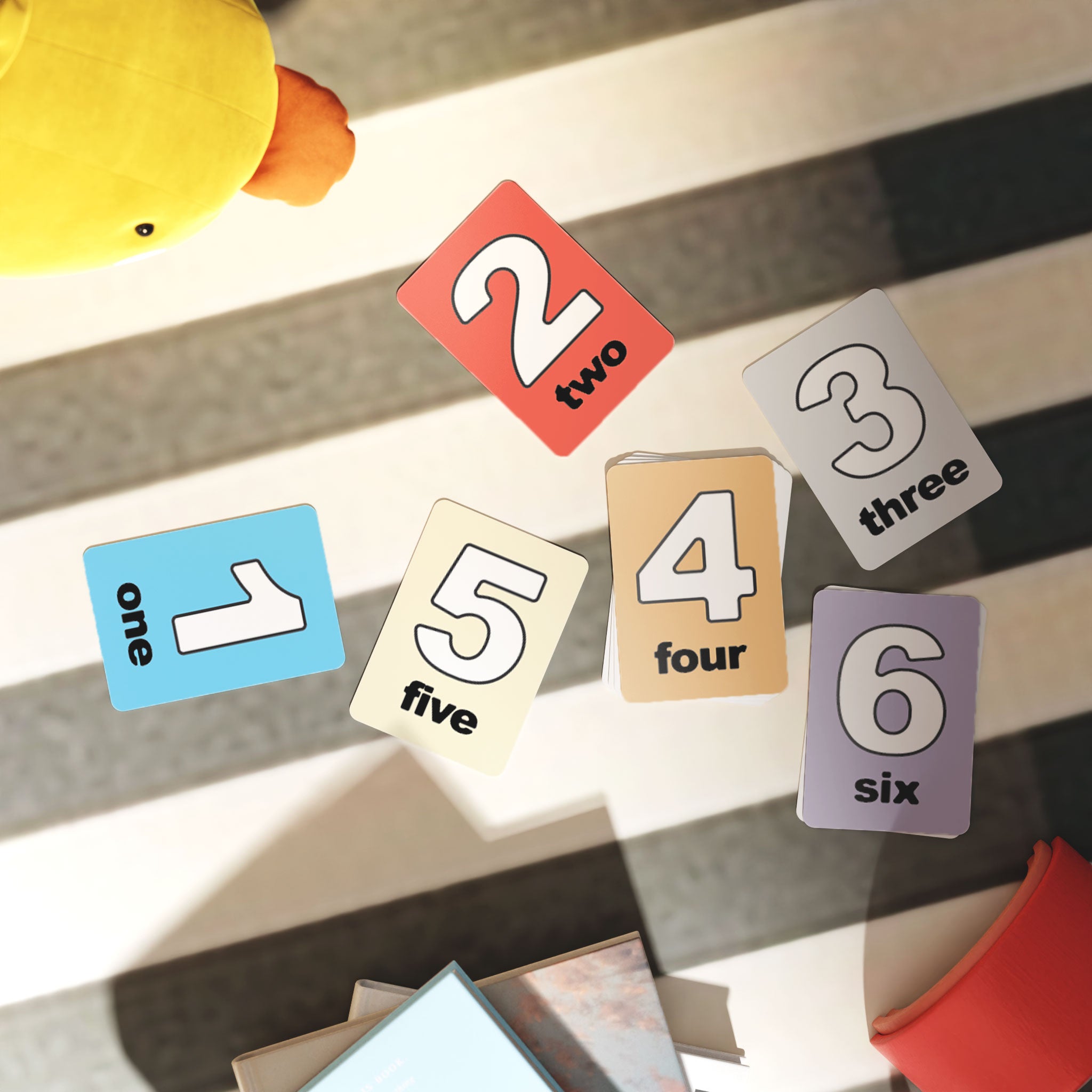 Kids Flash Card Mockup Bundle – 7 PSDs with Toys & Natural Light in Nursery Setting