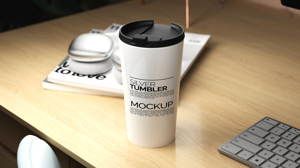 Cone Shaped White Sublimation Tumbler Mockup Bundle – 3 PSDs in Moody Desk Scene Kindle Collection