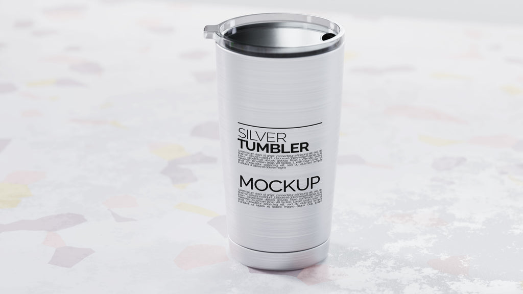 Cone Shaped Silver Sublimation Tumbler Mockup Bundle – 4 PSDs Carrara Collection