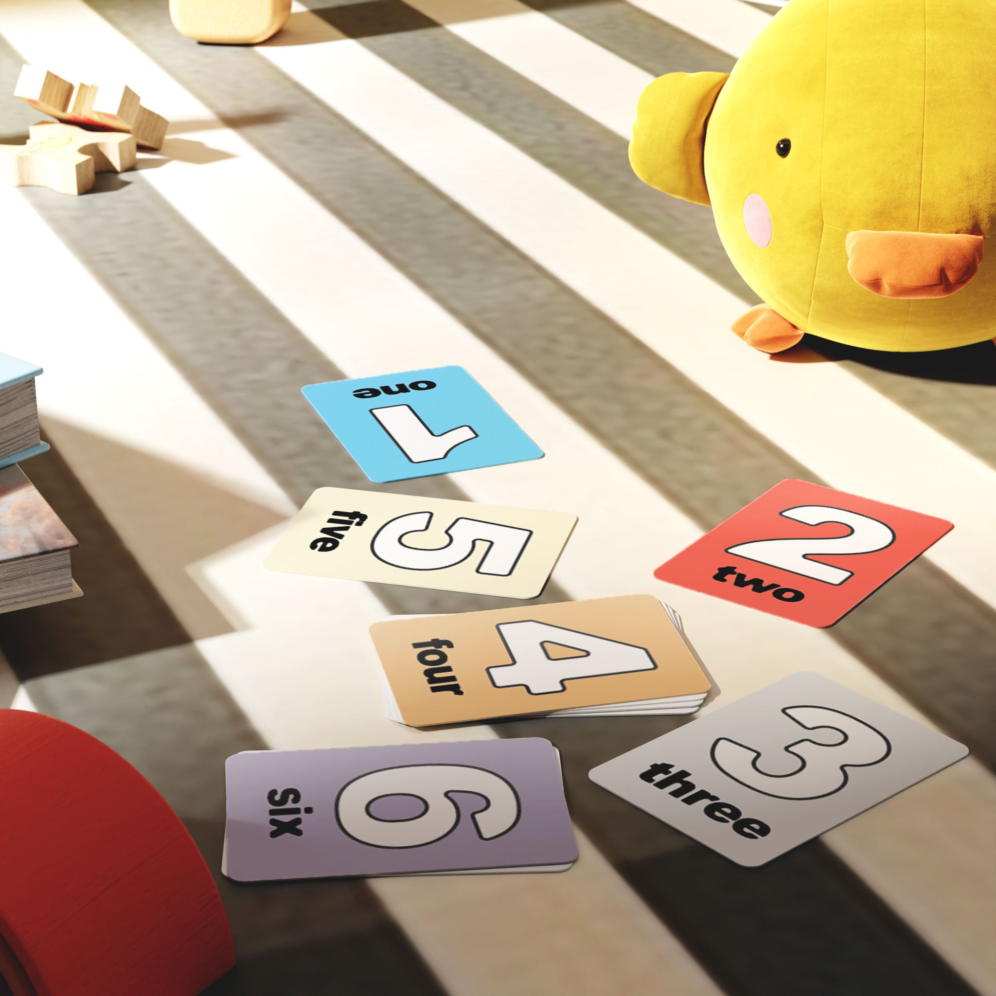 Kids Flash Card Mockup Bundle – 7 PSDs with Toys & Natural Light in Nursery Setting