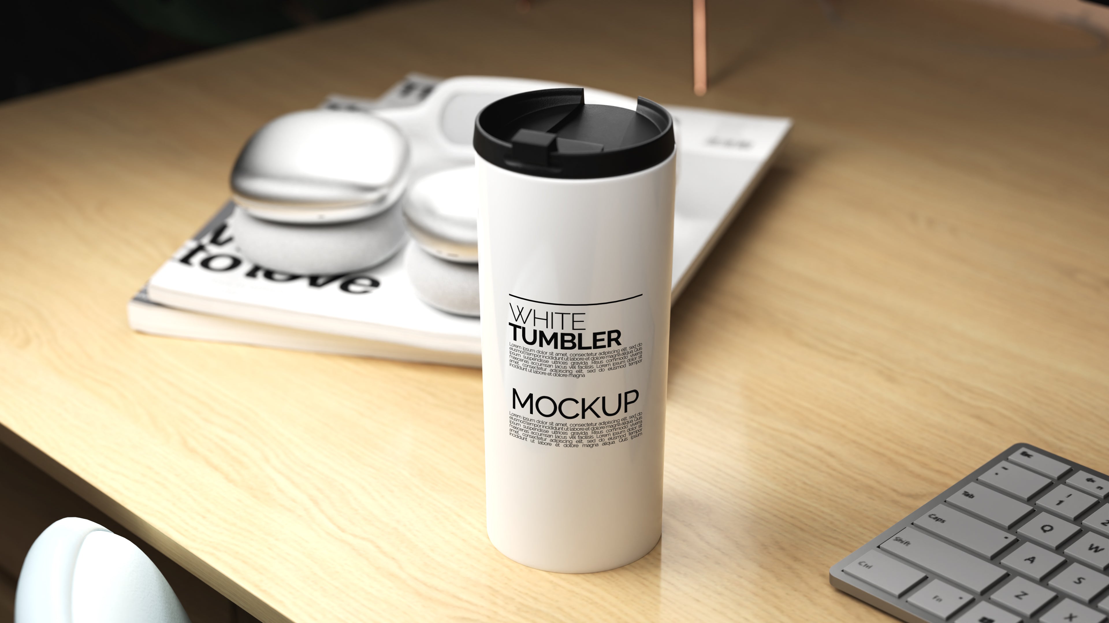 Straight Shaped White Sublimation Tumbler Mockup Bundle – 5 PSDs in Moody Desk Scene Kindle Collection