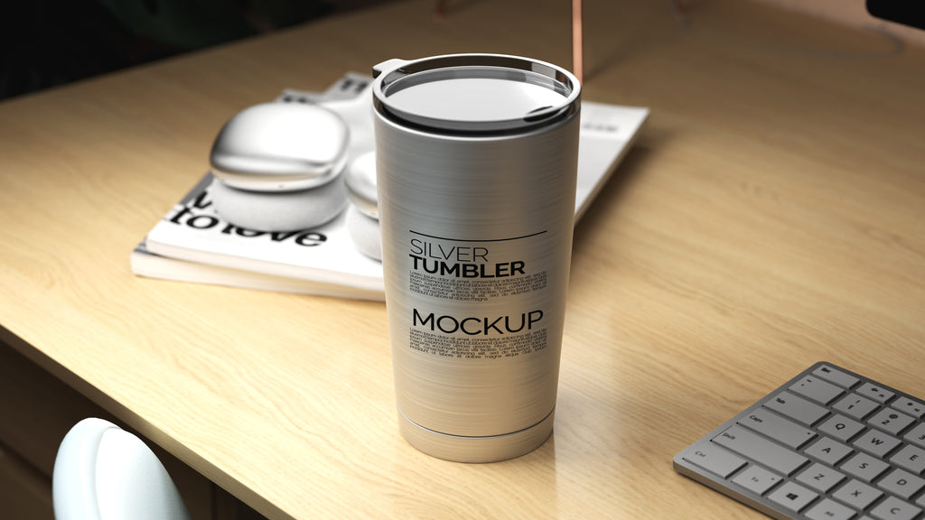 Straight Shaped Silver Sublimation Tumbler Mockup Bundle – 5 PSDs in Moody Desk Scene Kindle Collection