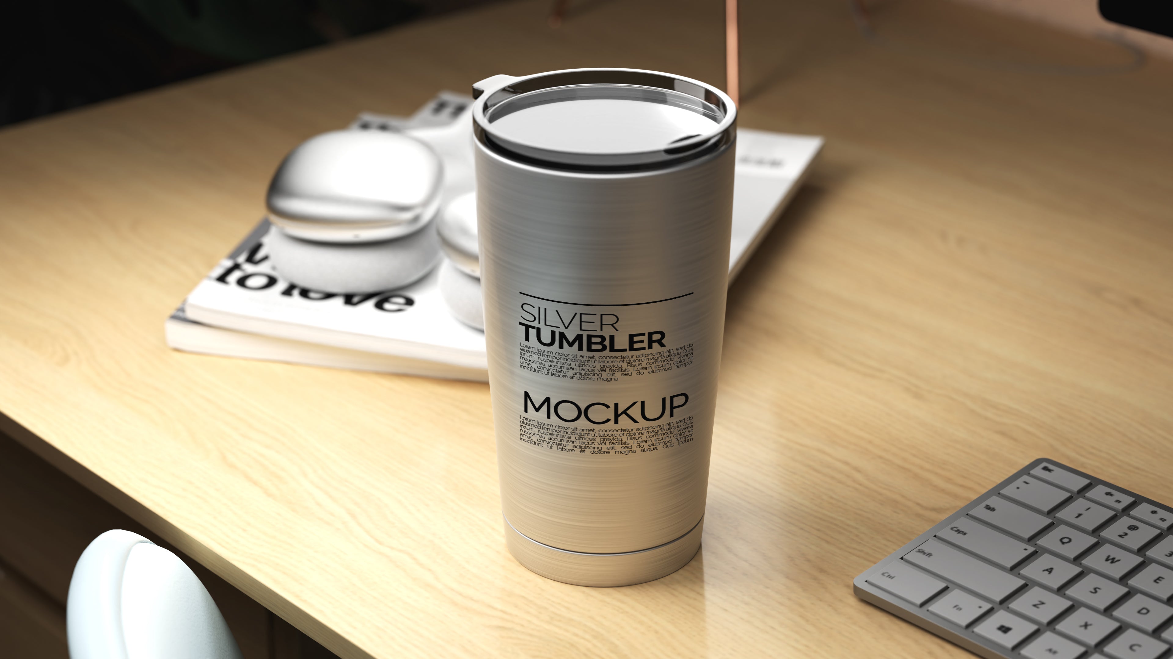 Straight Shaped Silver Sublimation Tumbler Mockup Bundle – 5 PSDs in Moody Desk Scene Kindle Collection