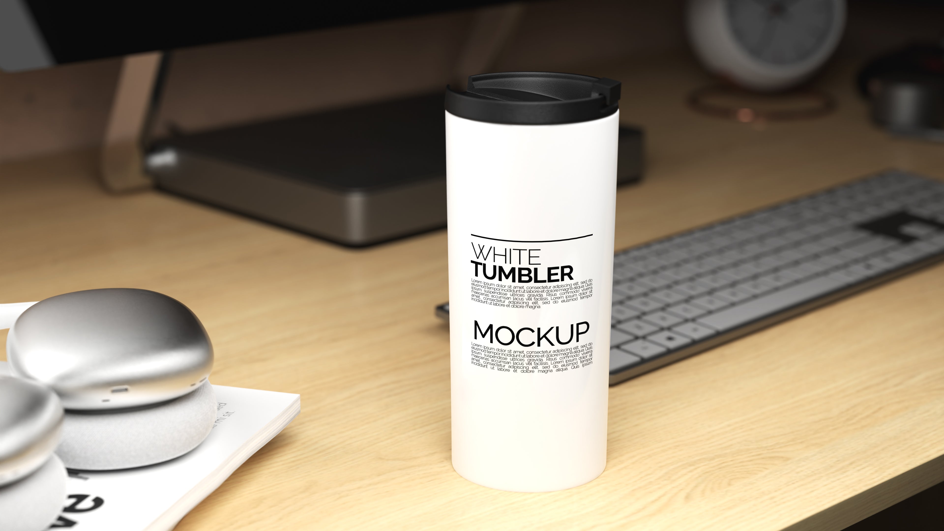 Straight Shaped White Sublimation Tumbler Mockup Bundle – 5 PSDs in Moody Desk Scene Kindle Collection