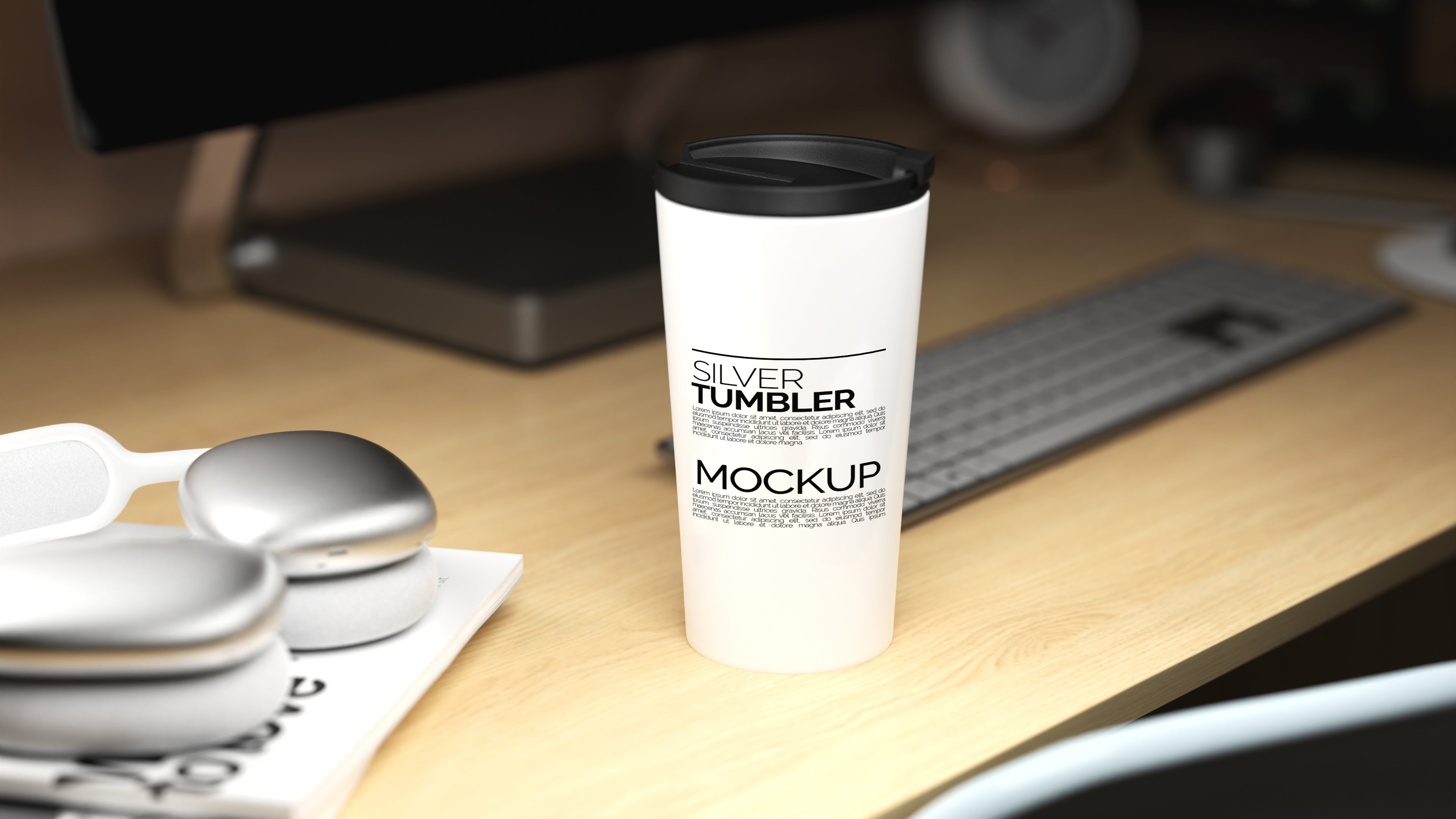 Cone Shaped White Sublimation Tumbler Mockup Bundle – 3 PSDs in Moody Desk Scene Kindle Collection