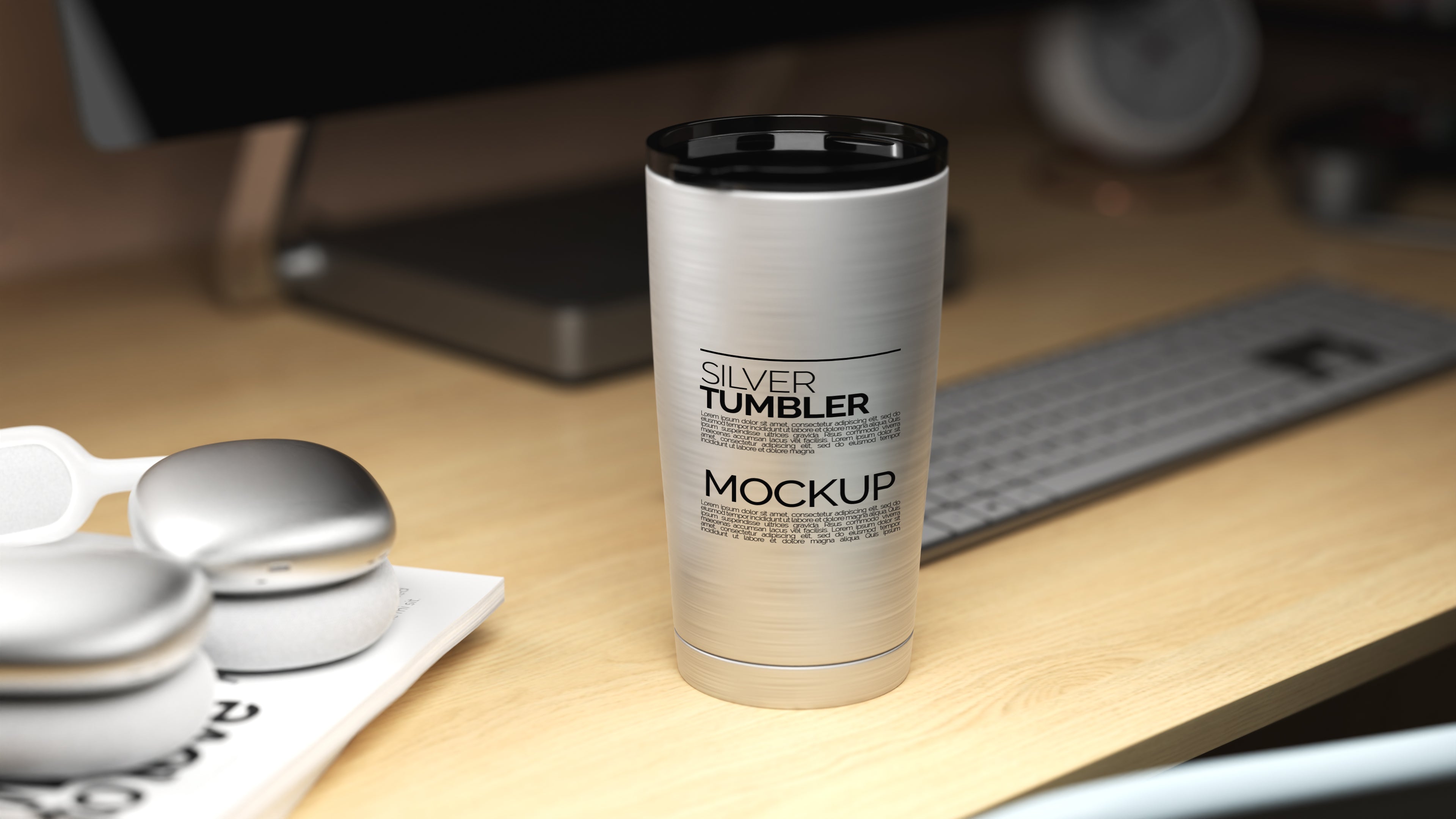 Straight Shaped Silver Sublimation Tumbler Mockup Bundle – 5 PSDs in Moody Desk Scene Kindle Collection