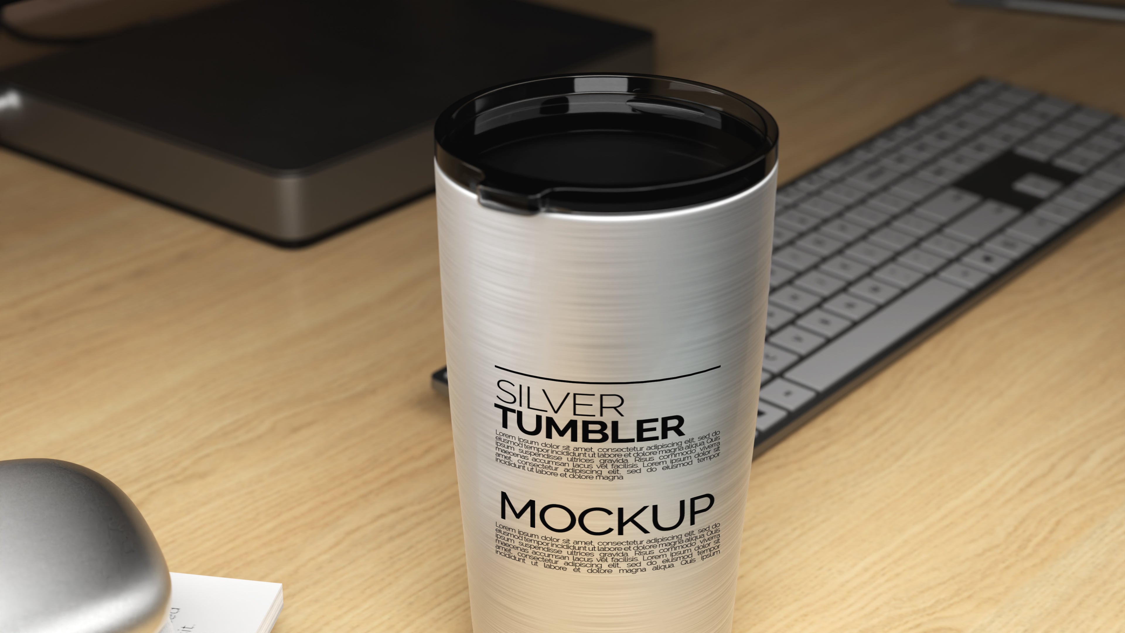 Straight Shaped Silver Sublimation Tumbler Mockup Bundle – 5 PSDs in Moody Desk Scene Kindle Collection