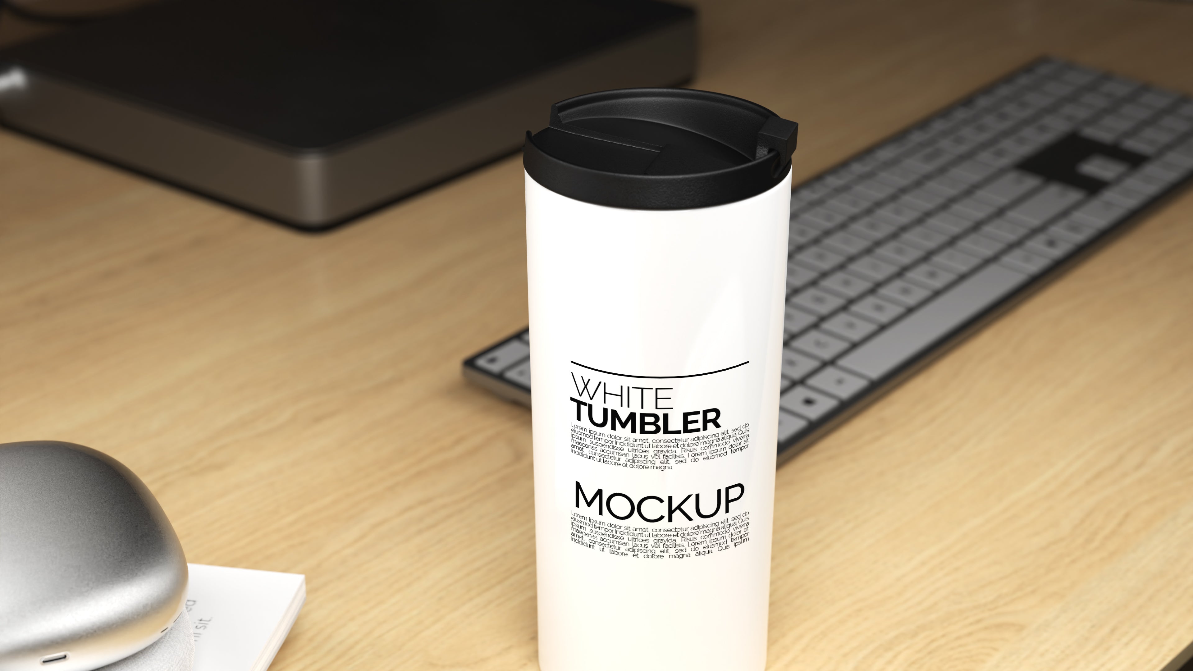 Straight Shaped White Sublimation Tumbler Mockup Bundle – 5 PSDs in Moody Desk Scene Kindle Collection