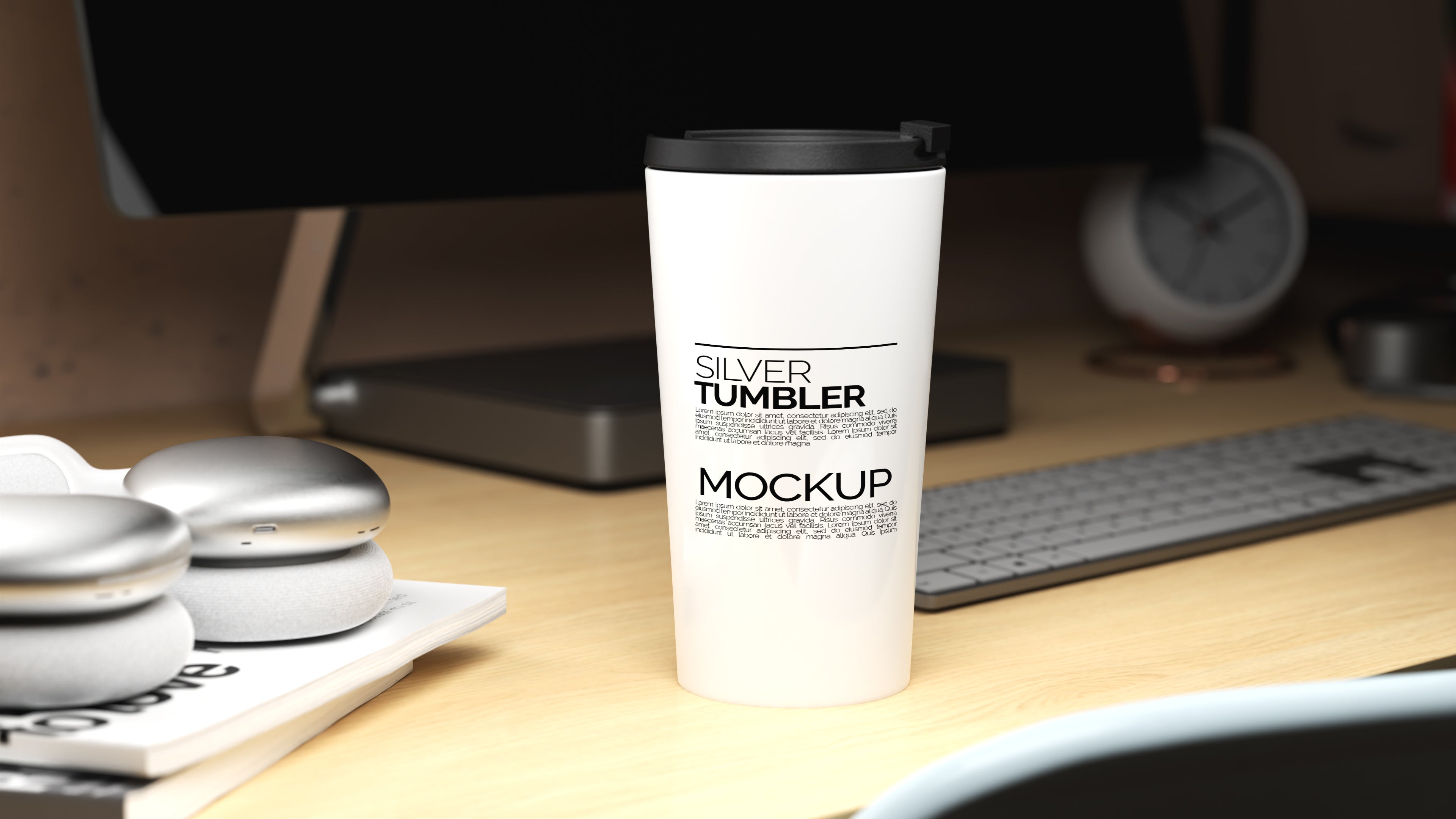 Cone Shaped White Sublimation Tumbler Mockup Bundle – 3 PSDs in Moody Desk Scene Kindle Collection