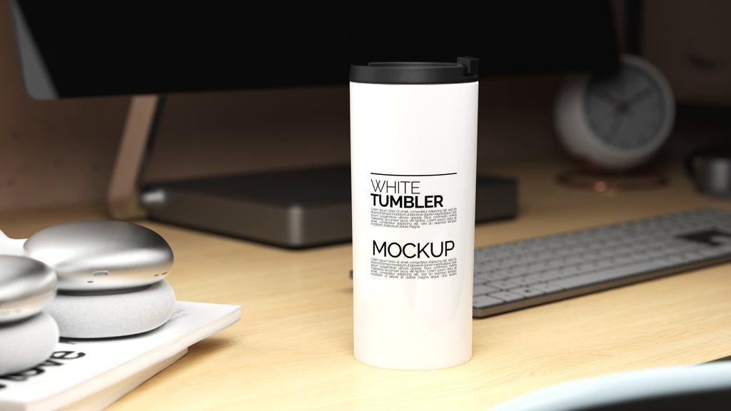Straight Shaped White Sublimation Tumbler Mockup Bundle – 5 PSDs in Moody Desk Scene Kindle Collection
