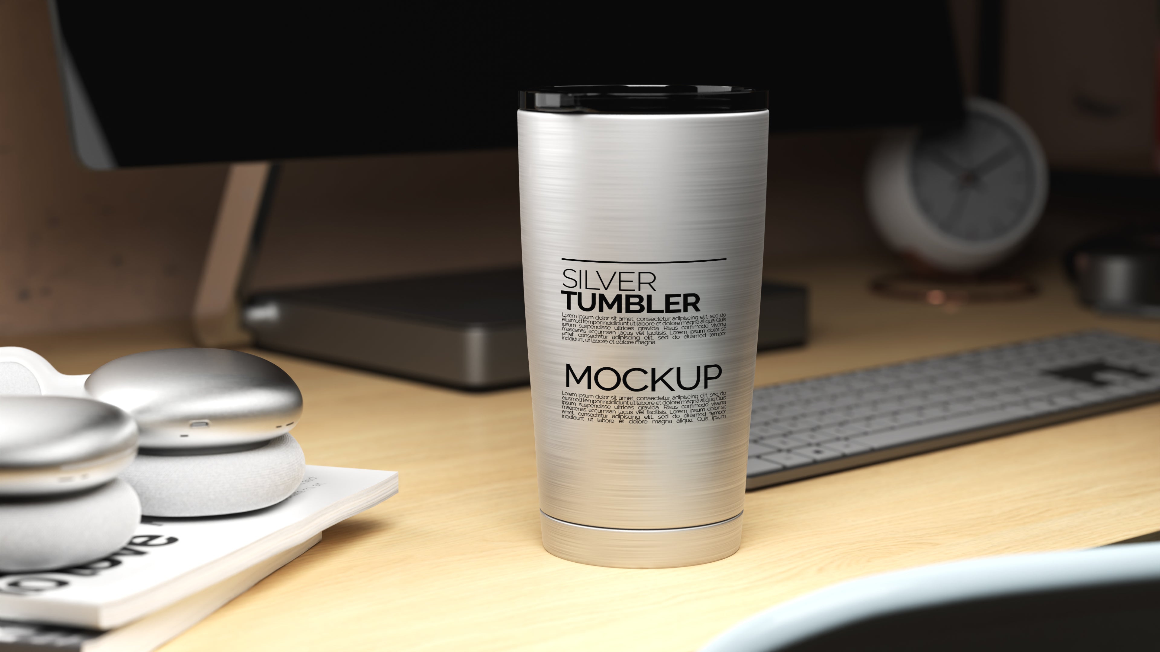 Straight Shaped Silver Sublimation Tumbler Mockup Bundle – 5 PSDs in Moody Desk Scene Kindle Collection