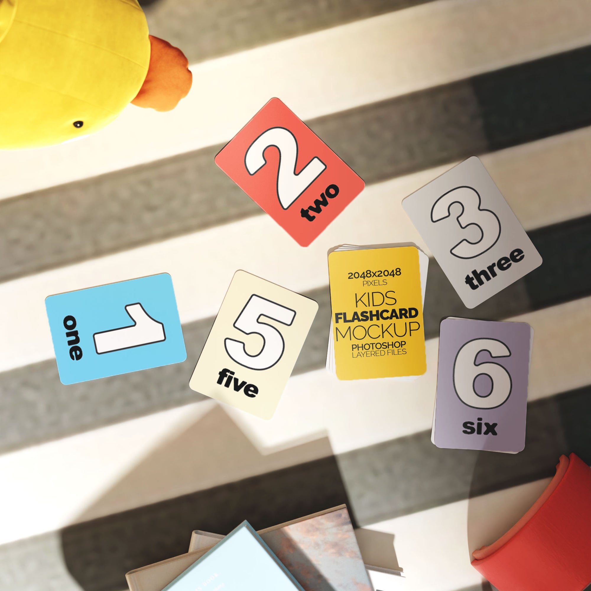 Kids Flash Card Mockup Bundle – 7 PSDs with Toys & Natural Light in Nursery Setting