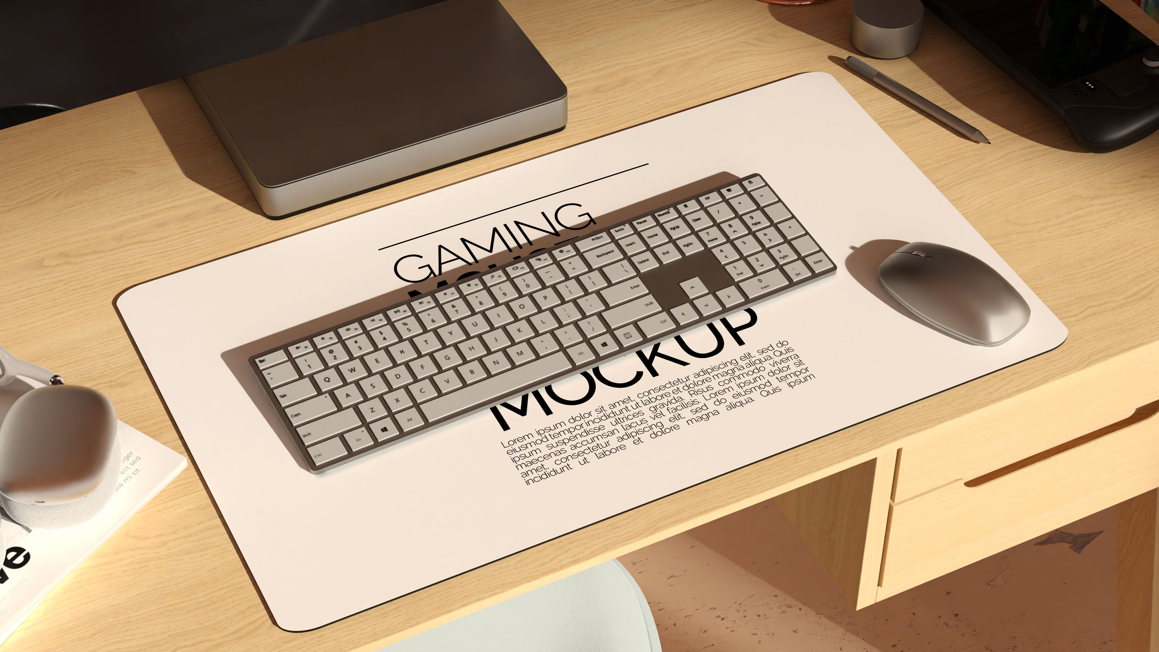 Long Gaming Mousepad Mockup Bundle – 3 PSDs in Moody Desk Scene Kindle Collection
