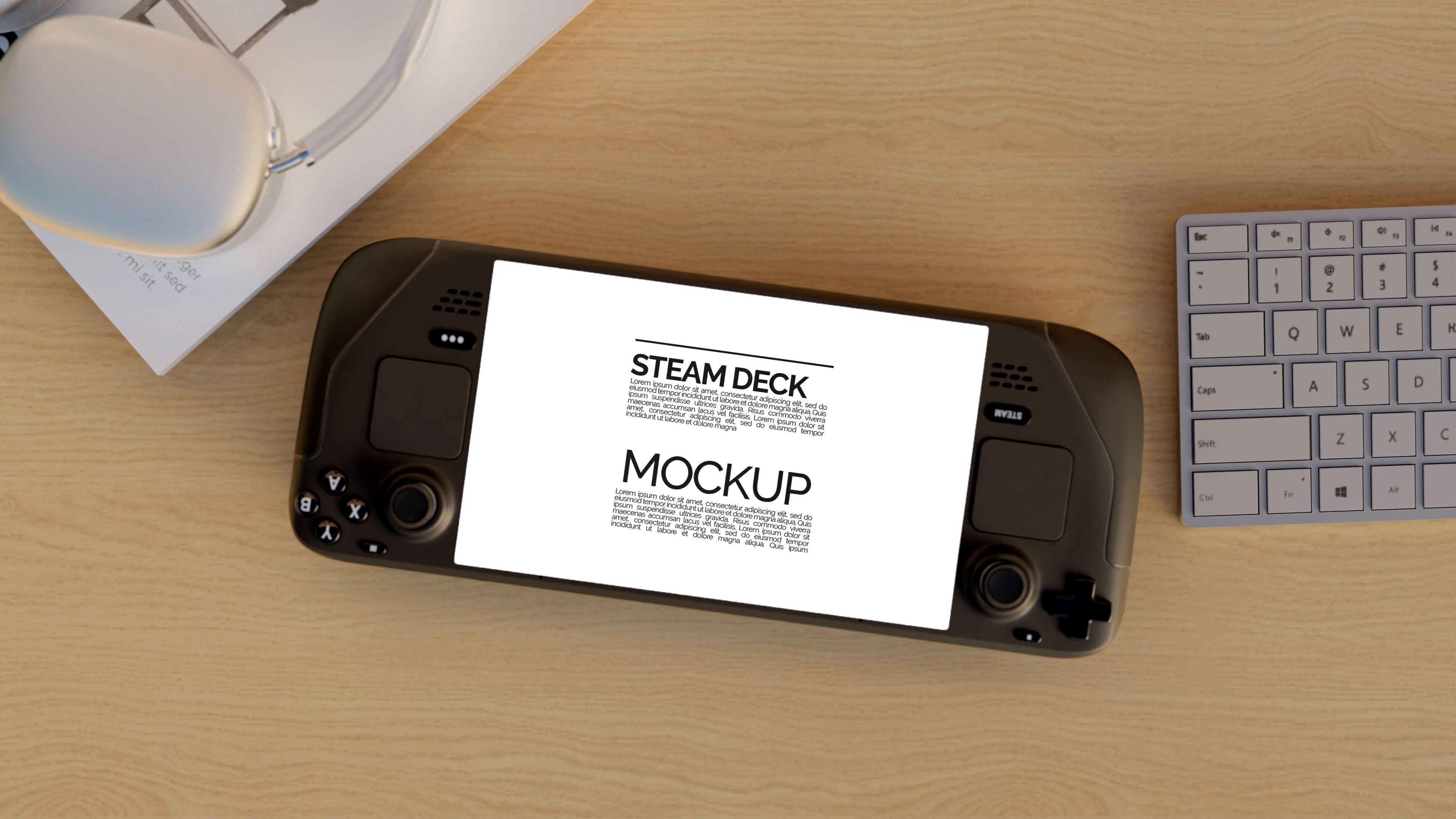 Steam Deck Screen Mockup Bundle – 3 PSDs in Moody Desk Scene Kindle Collection