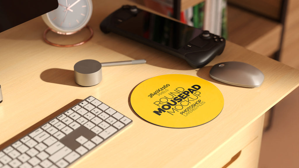 Round Sublimation Mousepad Mockup Bundle – 3 PSDs in Moody Desk Scene Kindle Collection