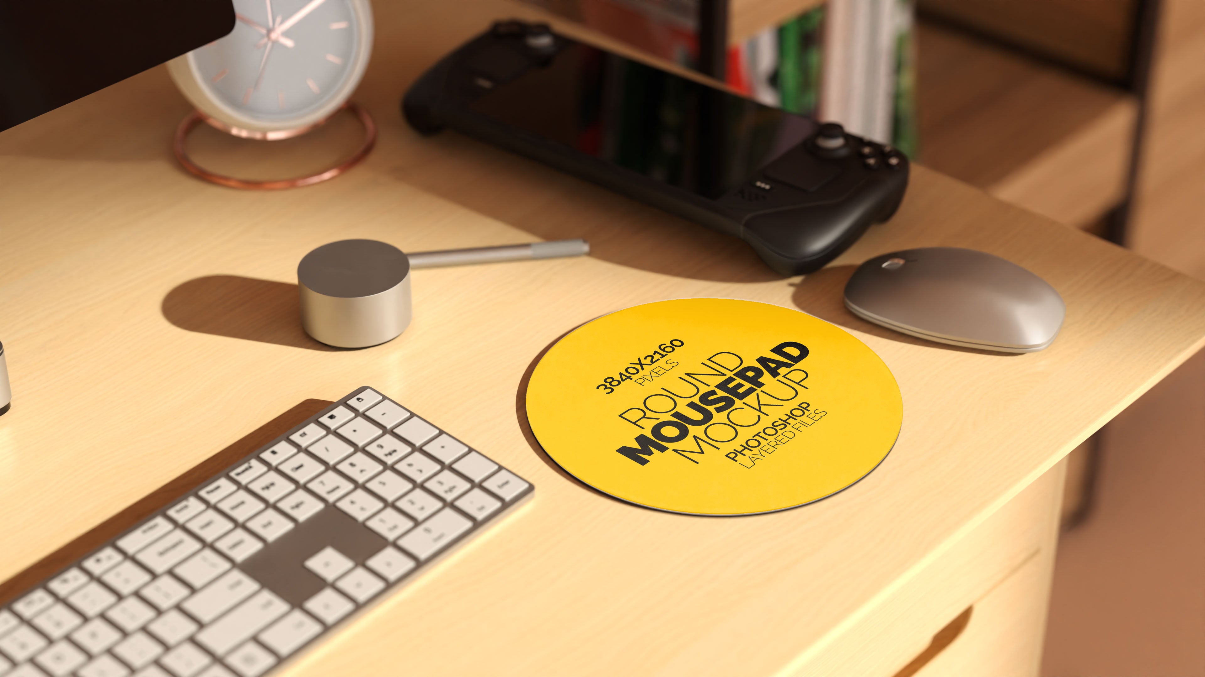 Round Sublimation Mousepad Mockup Bundle – 3 PSDs in Moody Desk Scene Kindle Collection