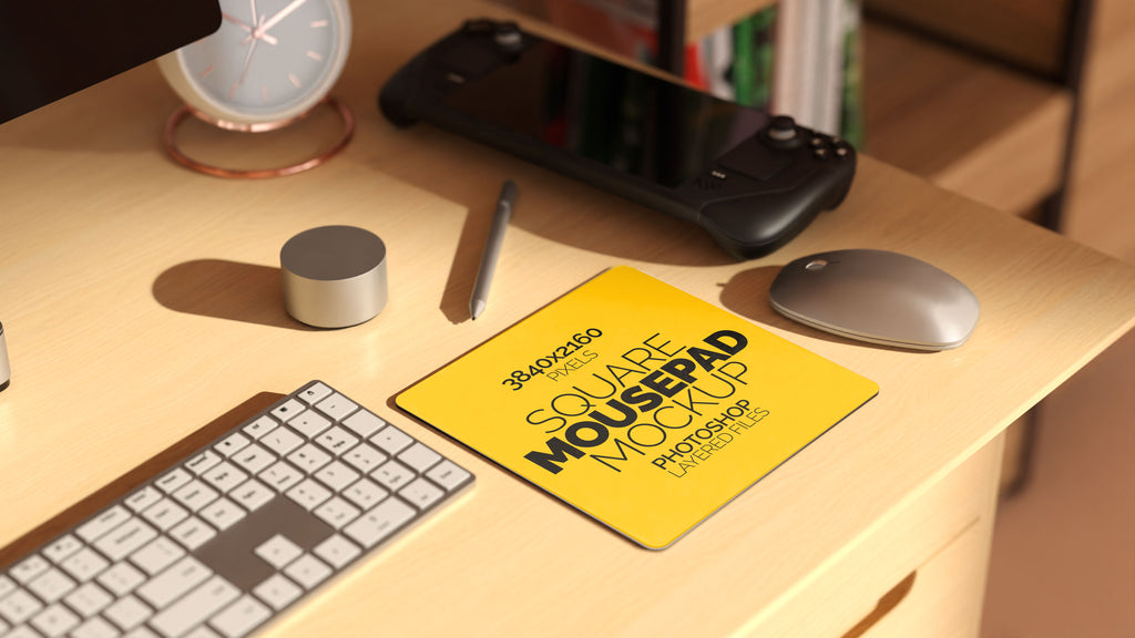 Square Sublimation Mousepad Mockup Bundle – 3 PSDs in Moody Desk Scene Kindle Collection