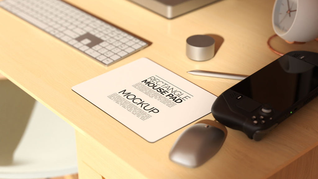 Rectangular Sublimation Mousepad Mockup Bundle – 3 PSDs in Moody Desk Scene Kindle Collection