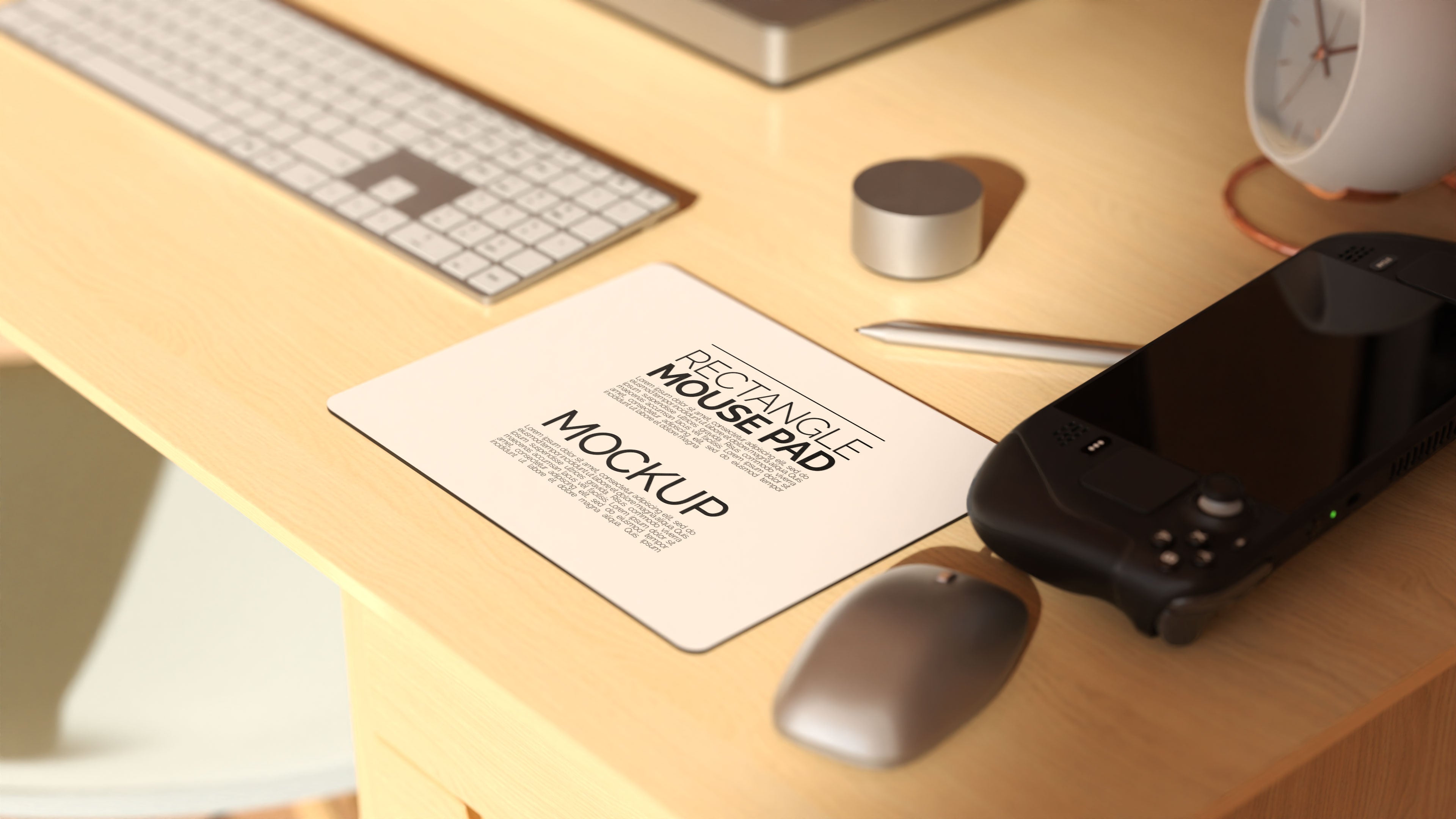 Rectangular Sublimation Mousepad Mockup Bundle – 3 PSDs in Moody Desk Scene Kindle Collection