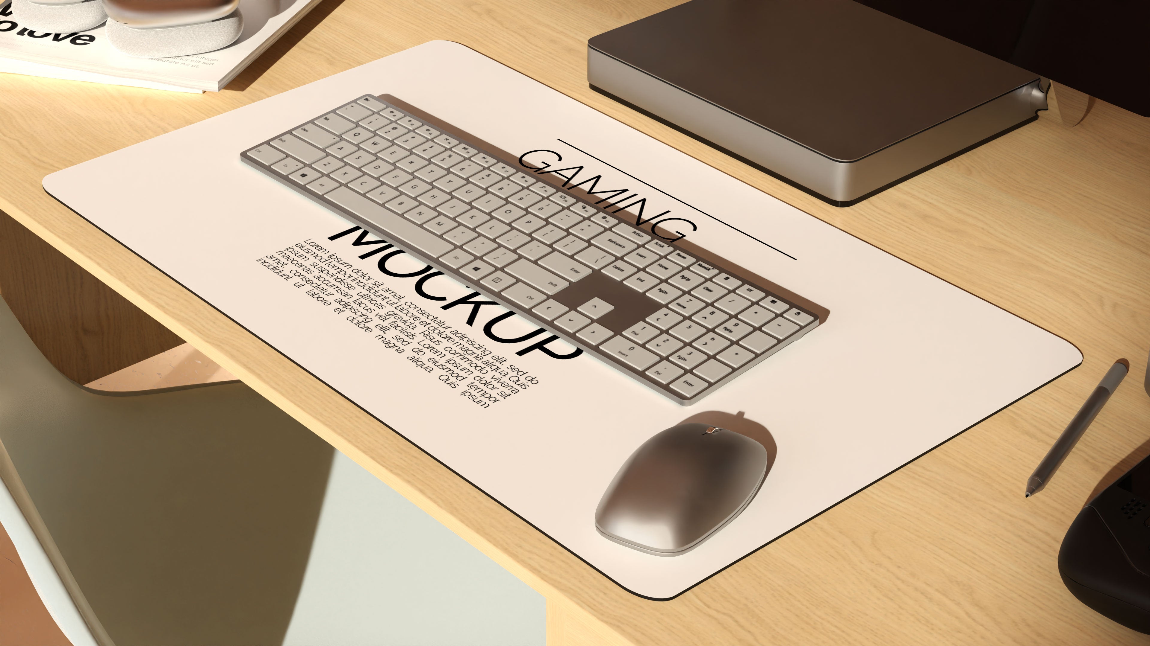 Long Gaming Mousepad Mockup Bundle – 3 PSDs in Moody Desk Scene Kindle Collection