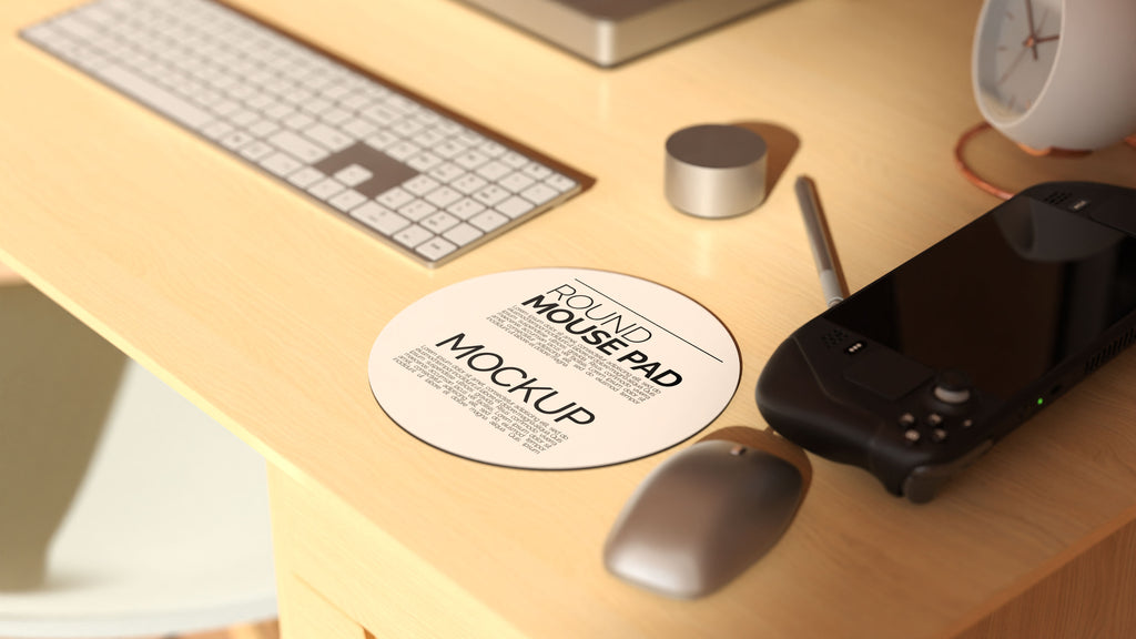 Round Sublimation Mousepad Mockup Bundle – 3 PSDs in Moody Desk Scene Kindle Collection