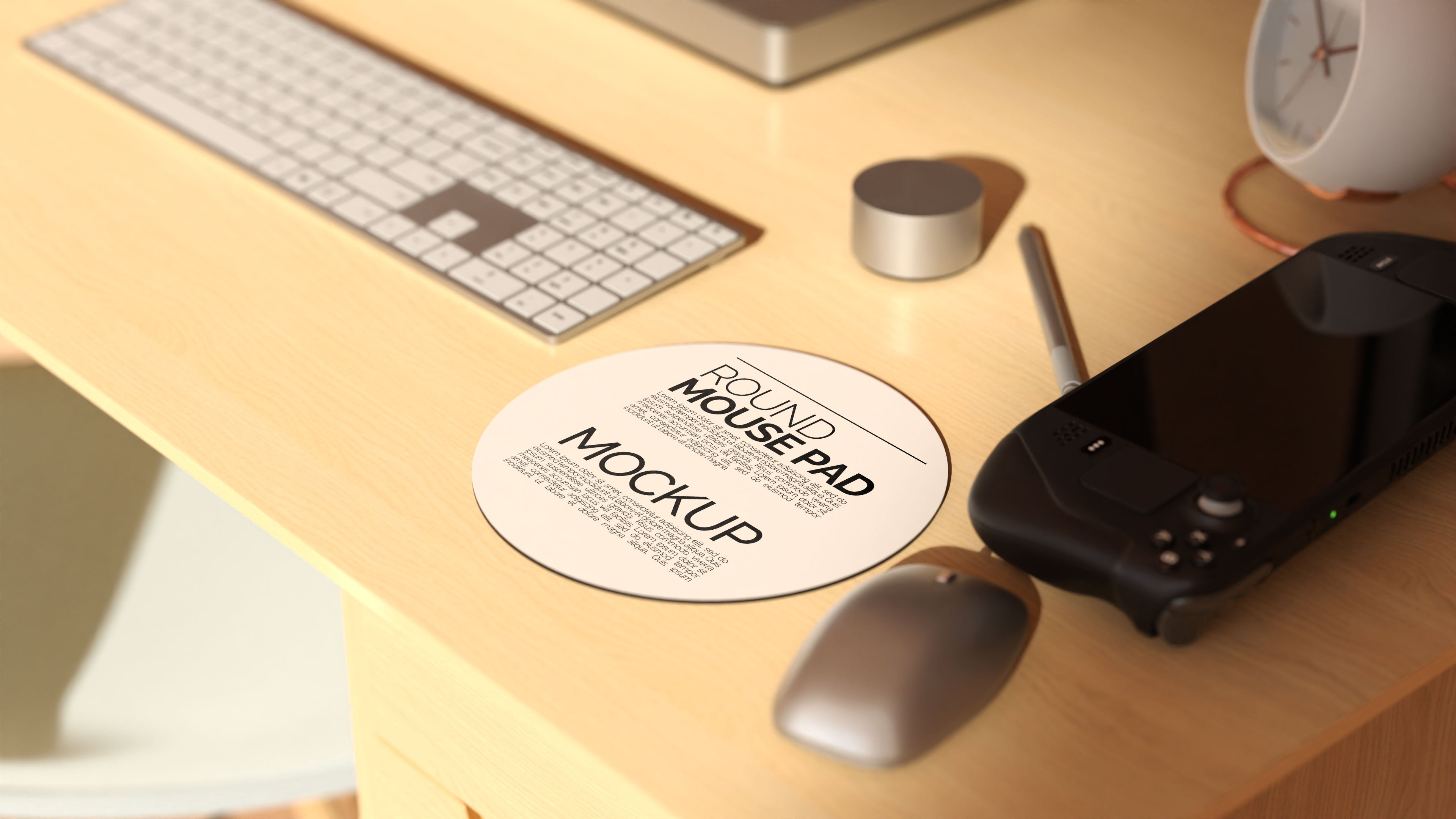 Round Sublimation Mousepad Mockup Bundle – 3 PSDs in Moody Desk Scene Kindle Collection