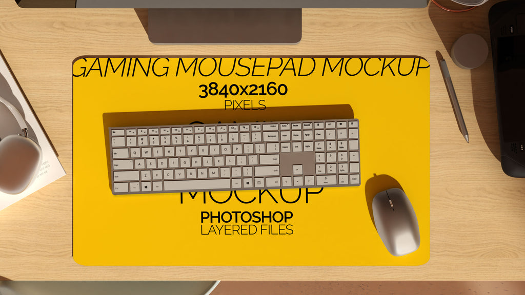 Long Gaming Mousepad Mockup Bundle – 3 PSDs in Moody Desk Scene Kindle Collection