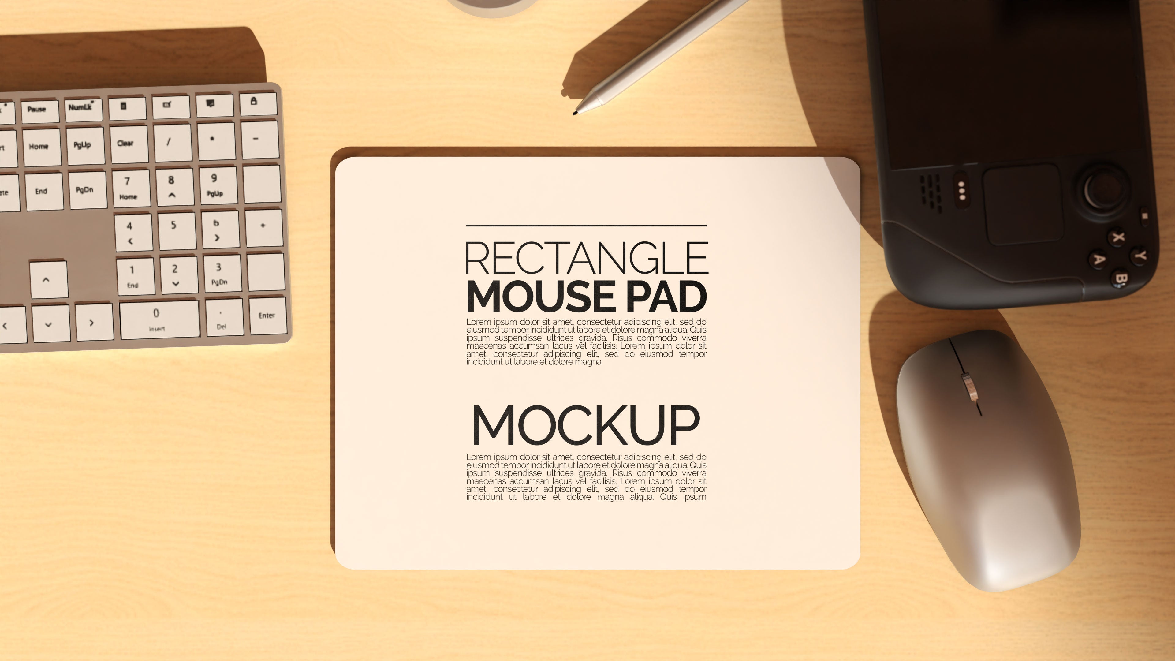 Rectangular Sublimation Mousepad Mockup Bundle – 3 PSDs in Moody Desk Scene Kindle Collection
