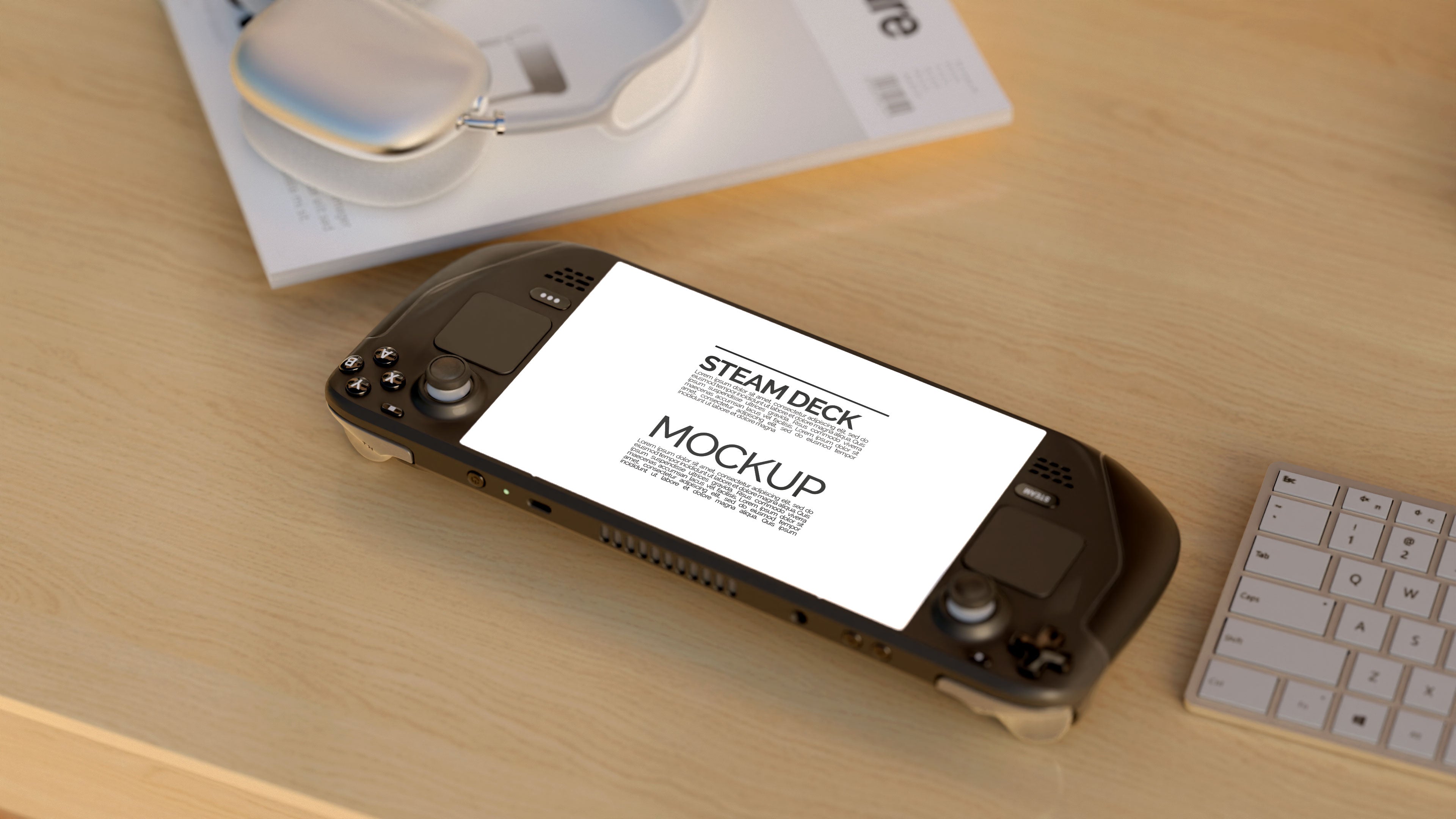 Steam Deck Screen Mockup Bundle – 3 PSDs in Moody Desk Scene Kindle Collection