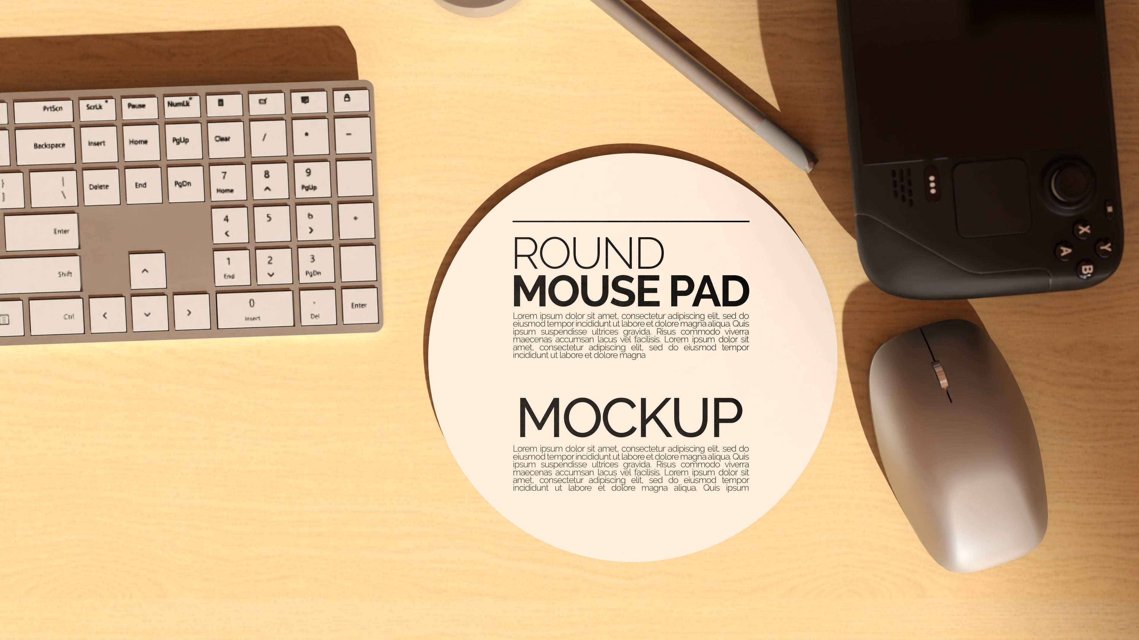 Round Sublimation Mousepad Mockup Bundle – 3 PSDs in Moody Desk Scene Kindle Collection