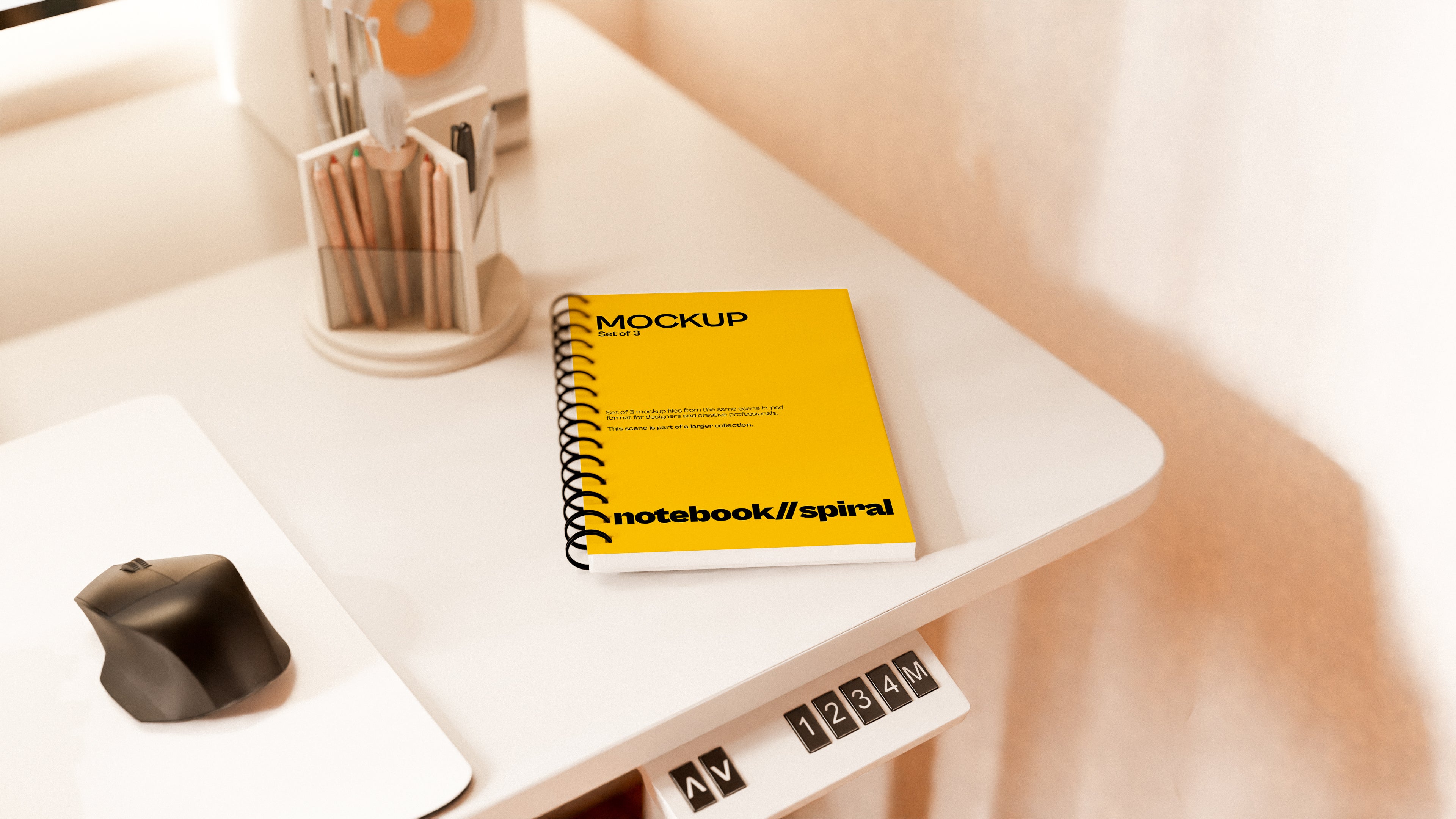 Spiral Sublimation Notebook Mockup Bundle – 3 PSDs in Dark Stylized Scene | Surge Collection