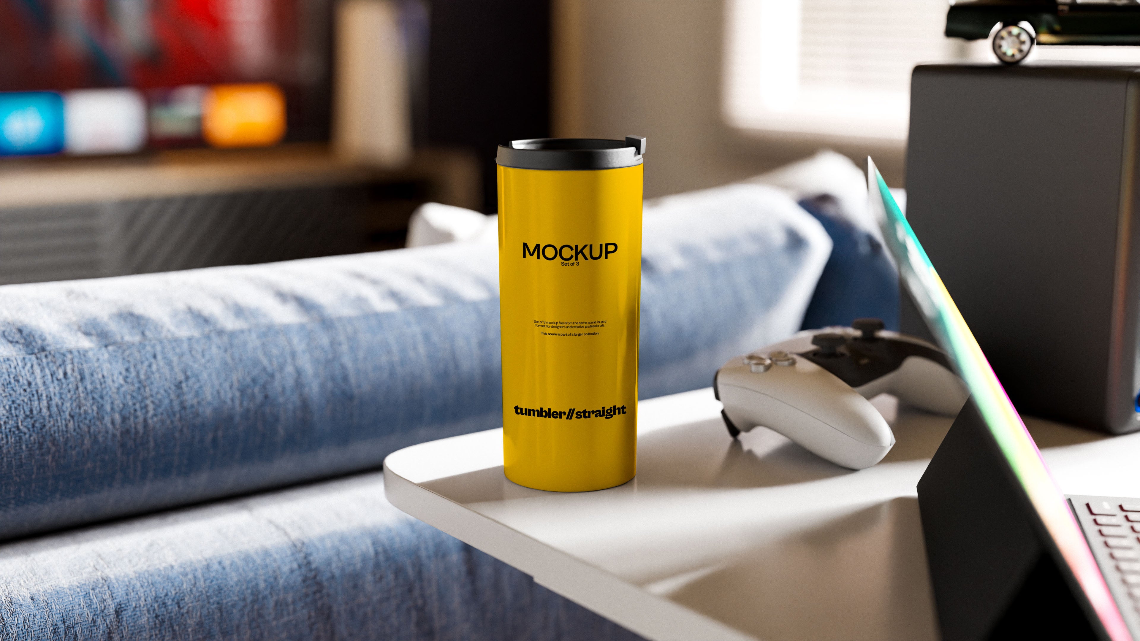 Straight White Tumbler Mockup Bundle – 3 PSDs in Calm Living Room Scene