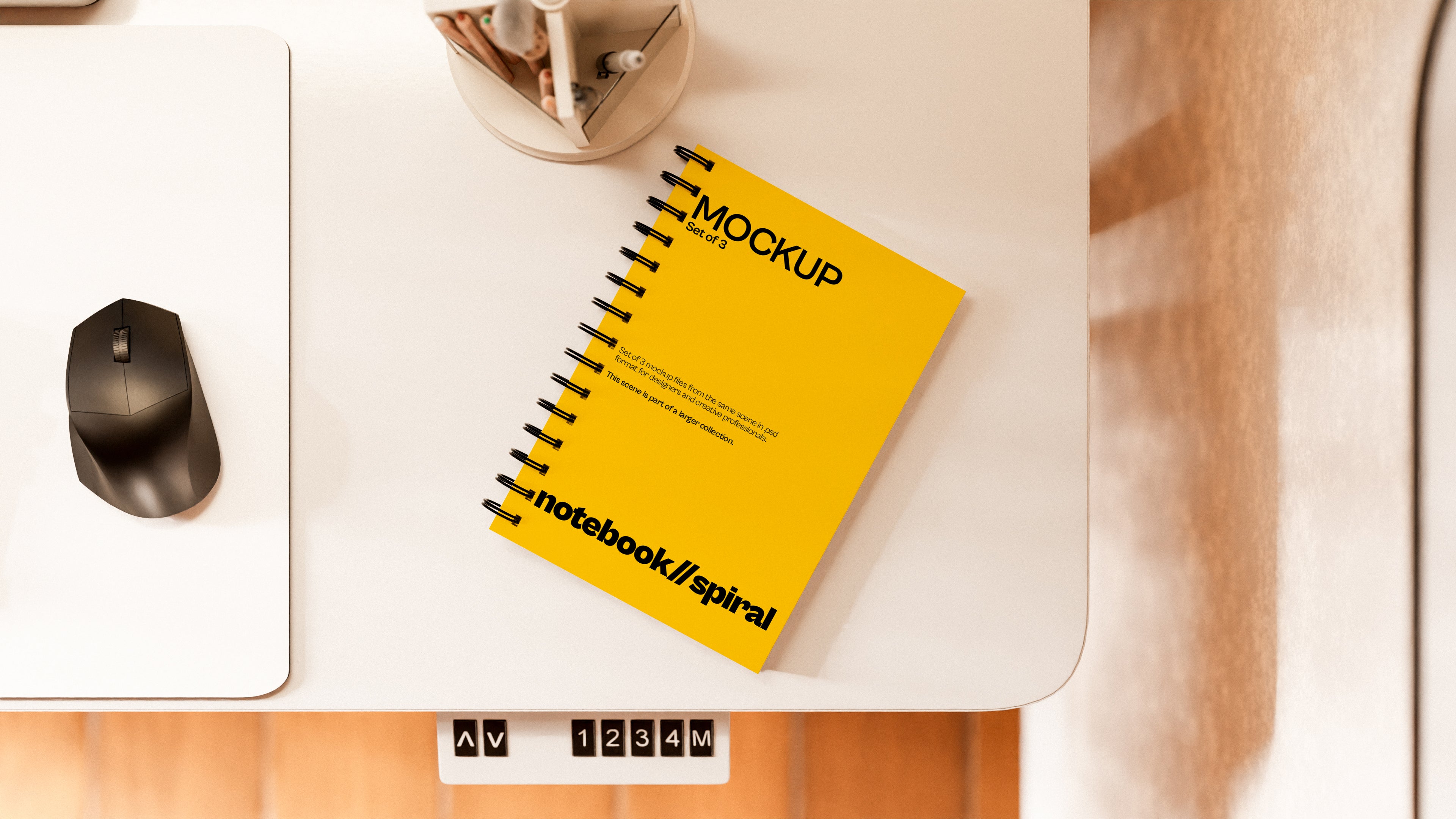 Spiral Sublimation Notebook Mockup Bundle – 3 PSDs in Dark Stylized Scene | Surge Collection