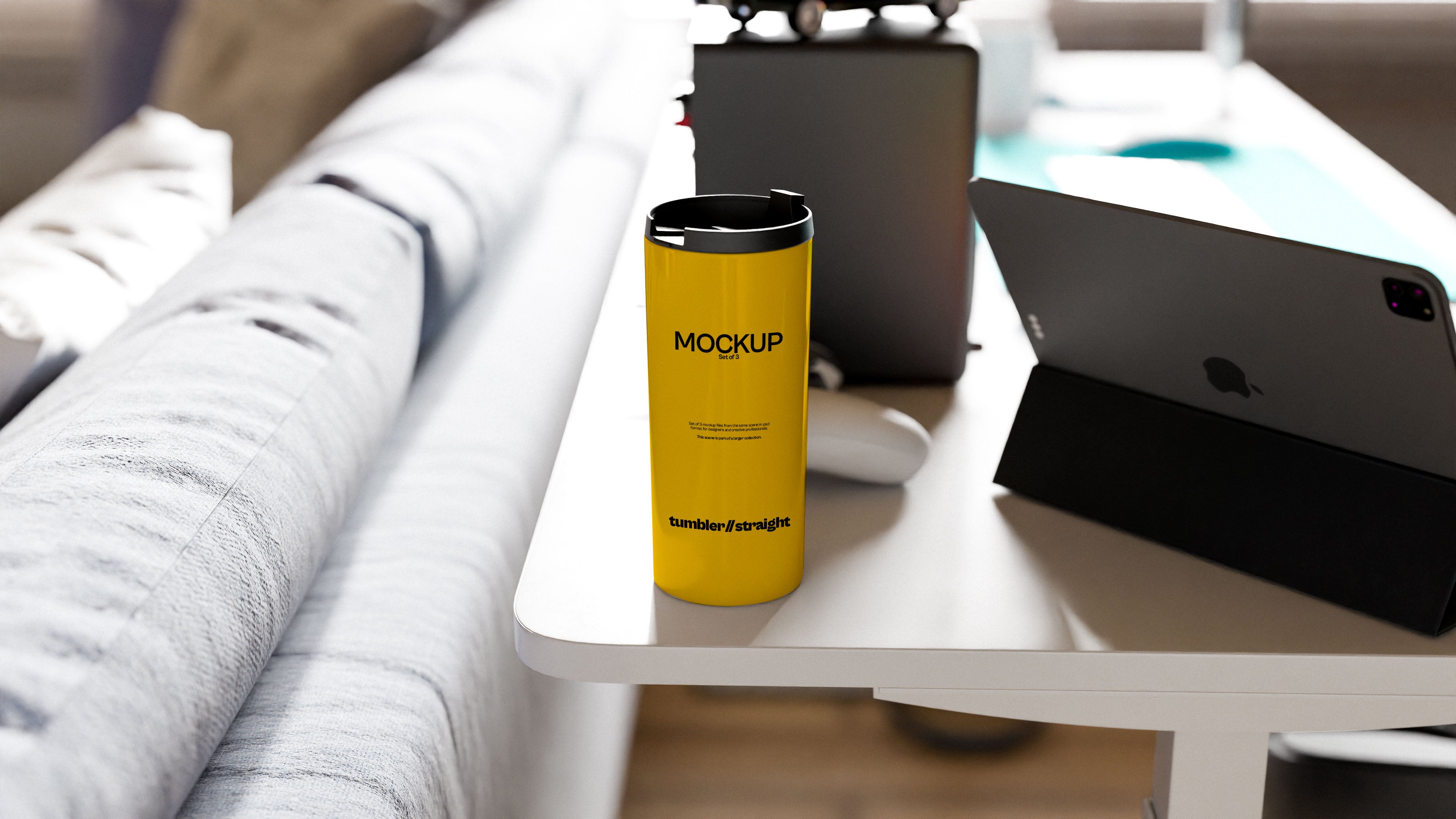 Straight White Tumbler Mockup Bundle – 3 PSDs in Calm Living Room Scene
