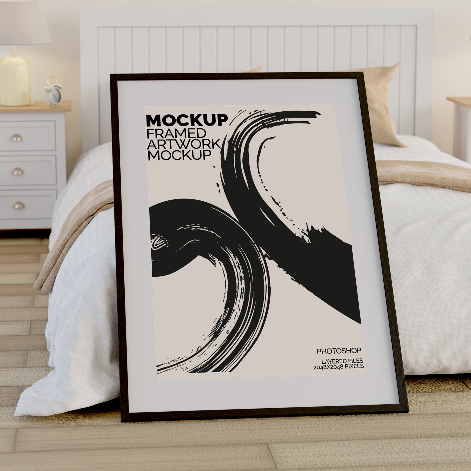 Large Framed Artwork Mockup Bundle – 6 PSDs in Contemporary Bedroom Setting