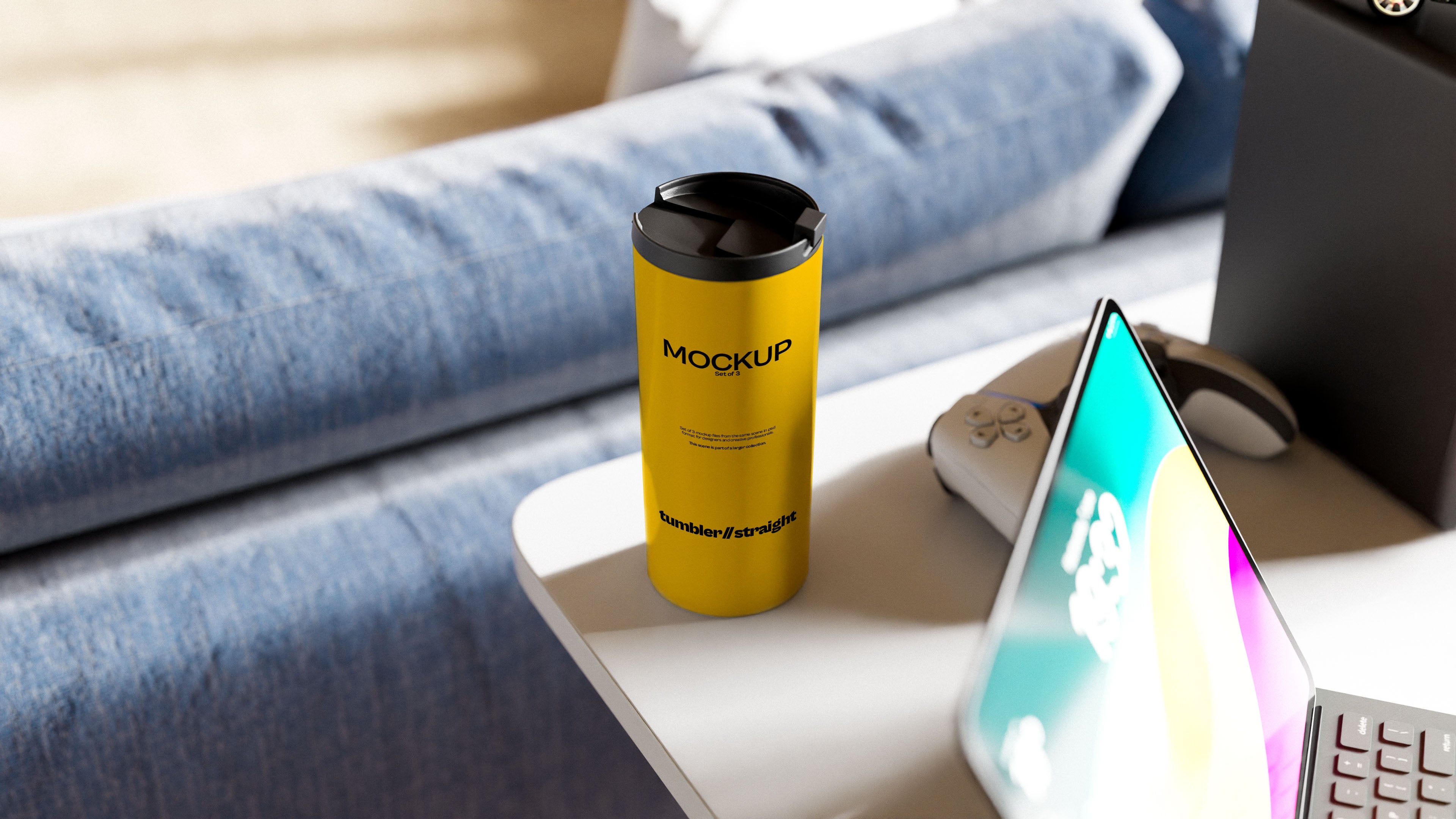 Straight White Tumbler Mockup Bundle – 3 PSDs in Calm Living Room Scene